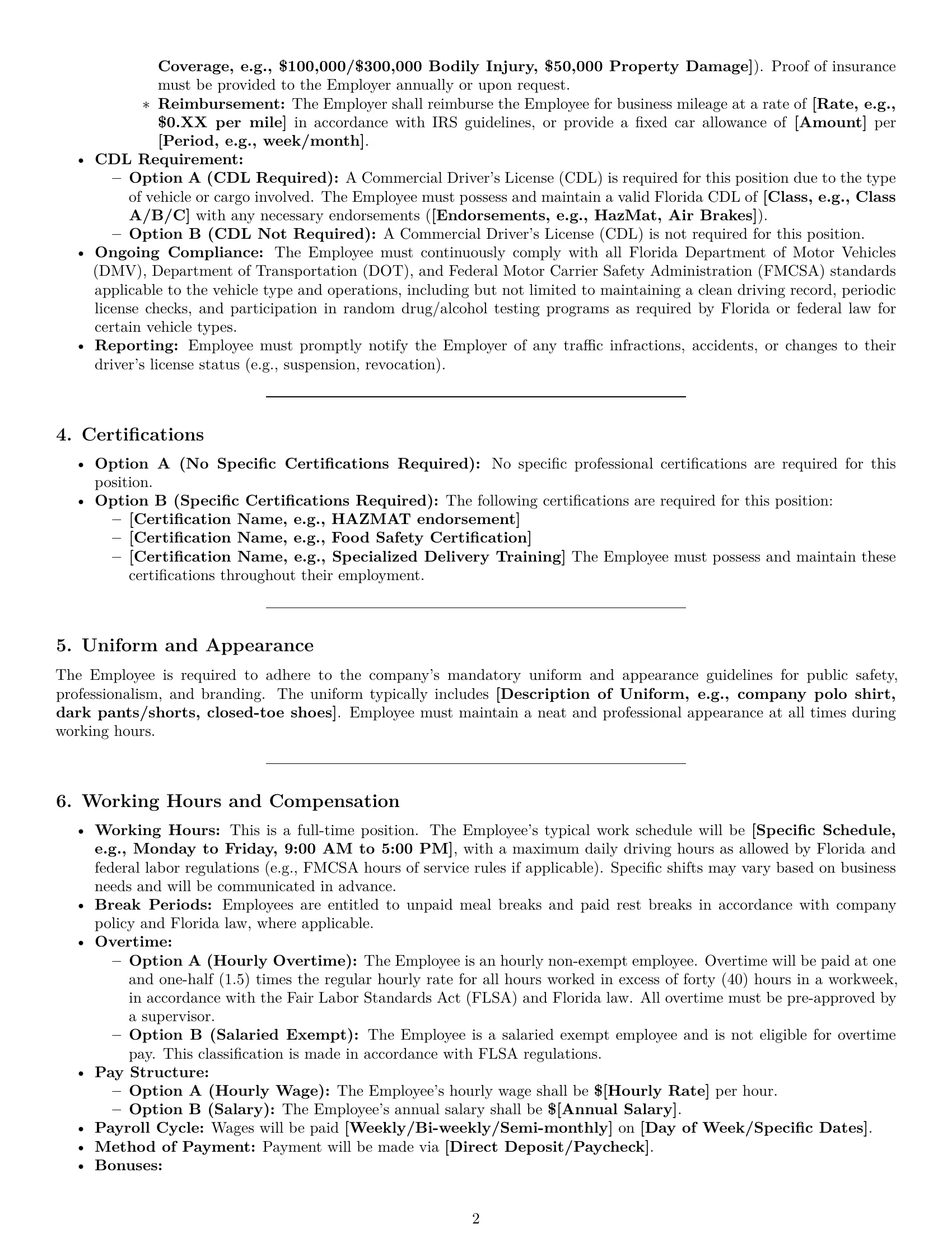 Preview page 2 of Pro Florida delivery driver employment contract template