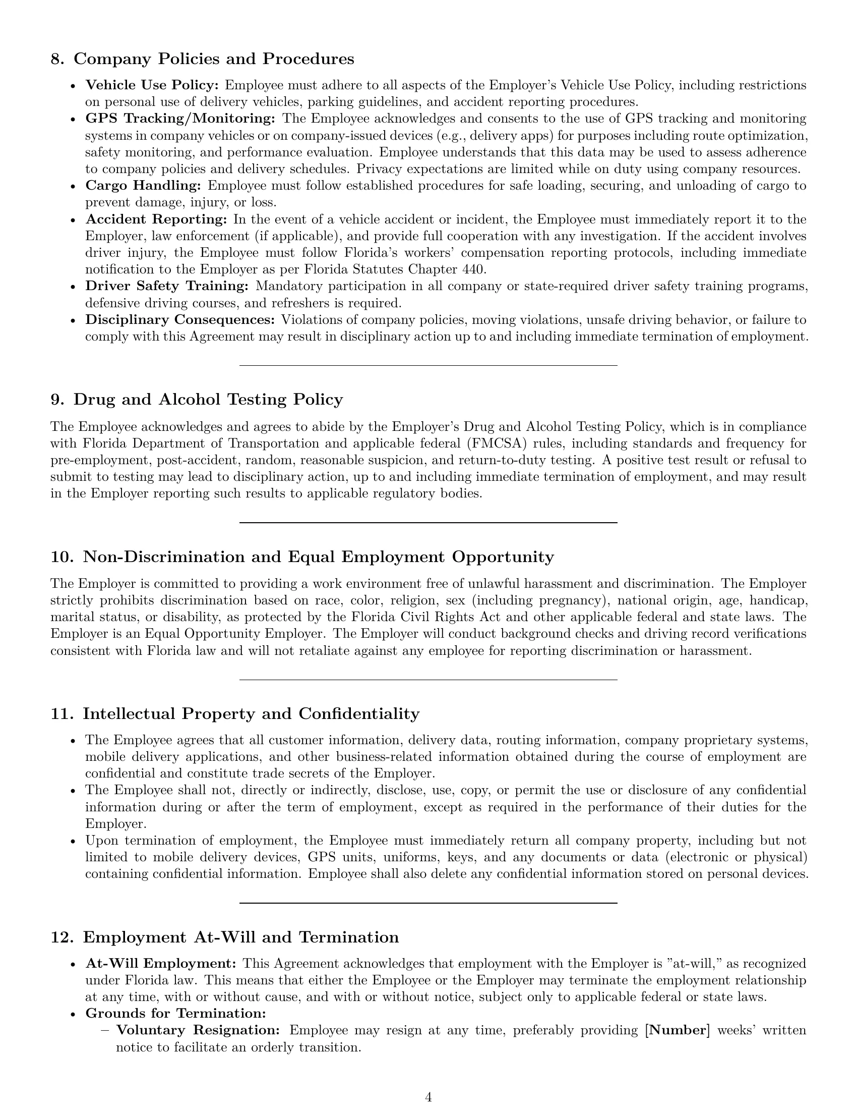 Preview page 4 of Pro Florida delivery driver employment contract template