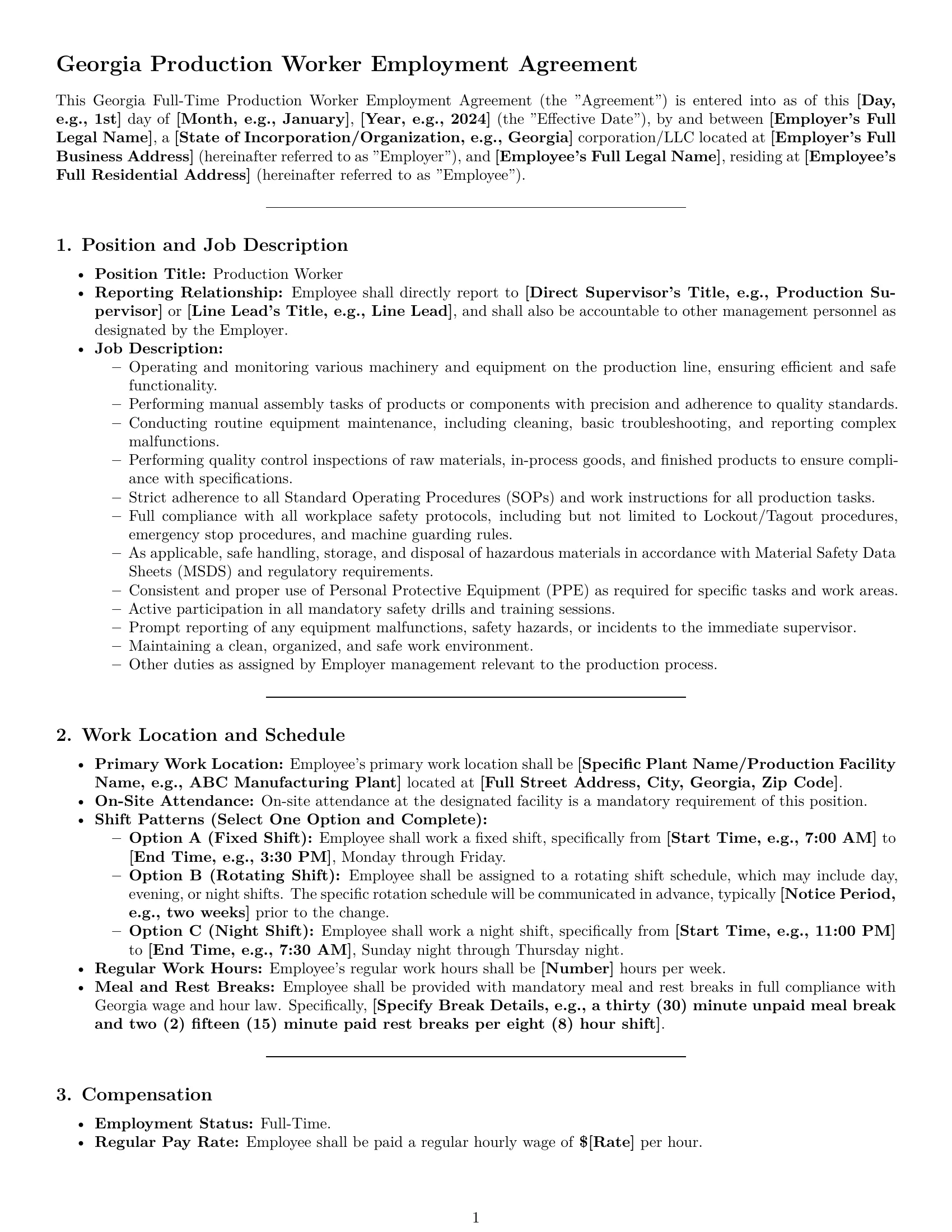 Preview page 1 of Pro Georgia production worker employment contract template