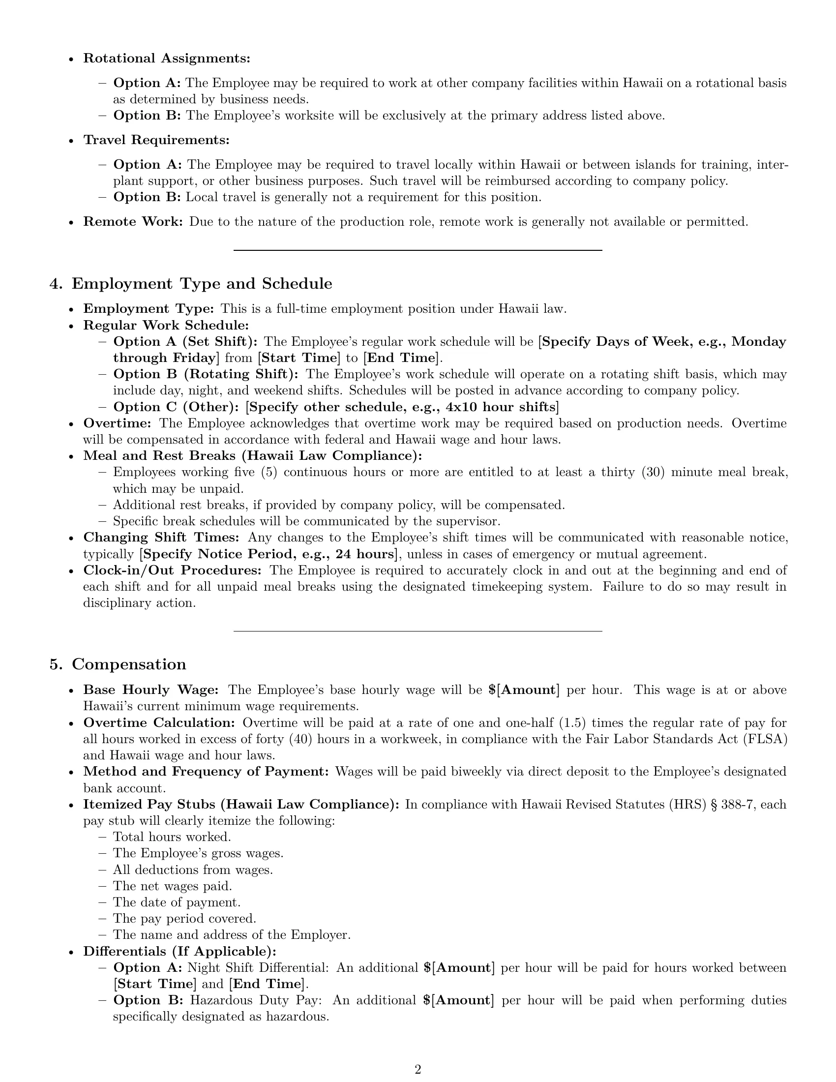Preview page 2 of Pro Hawaii production worker employment contract template