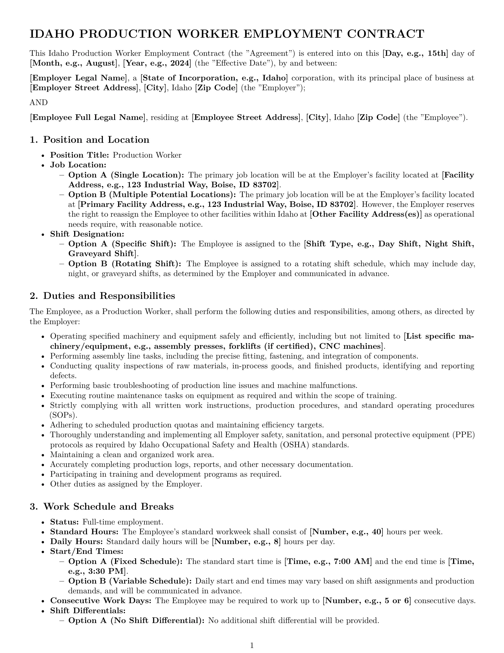 Preview page 1 of Pro Idaho production worker employment contract template