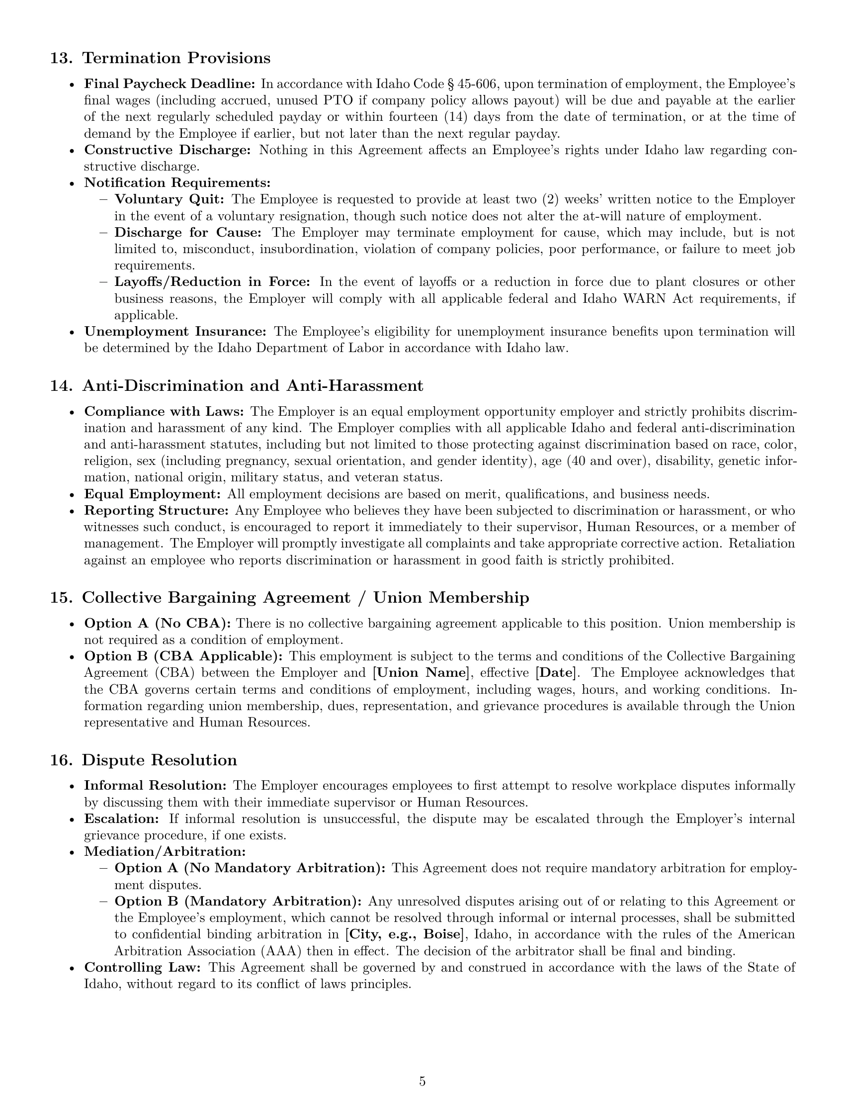 Preview page 5 of Pro Idaho production worker employment contract template