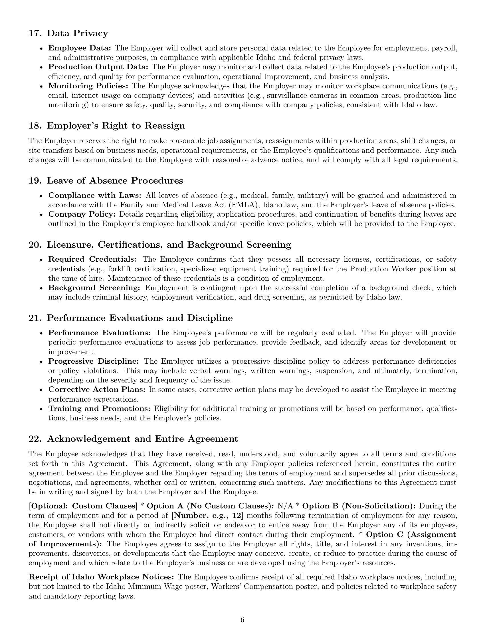 Preview page 6 of Pro Idaho production worker employment contract template