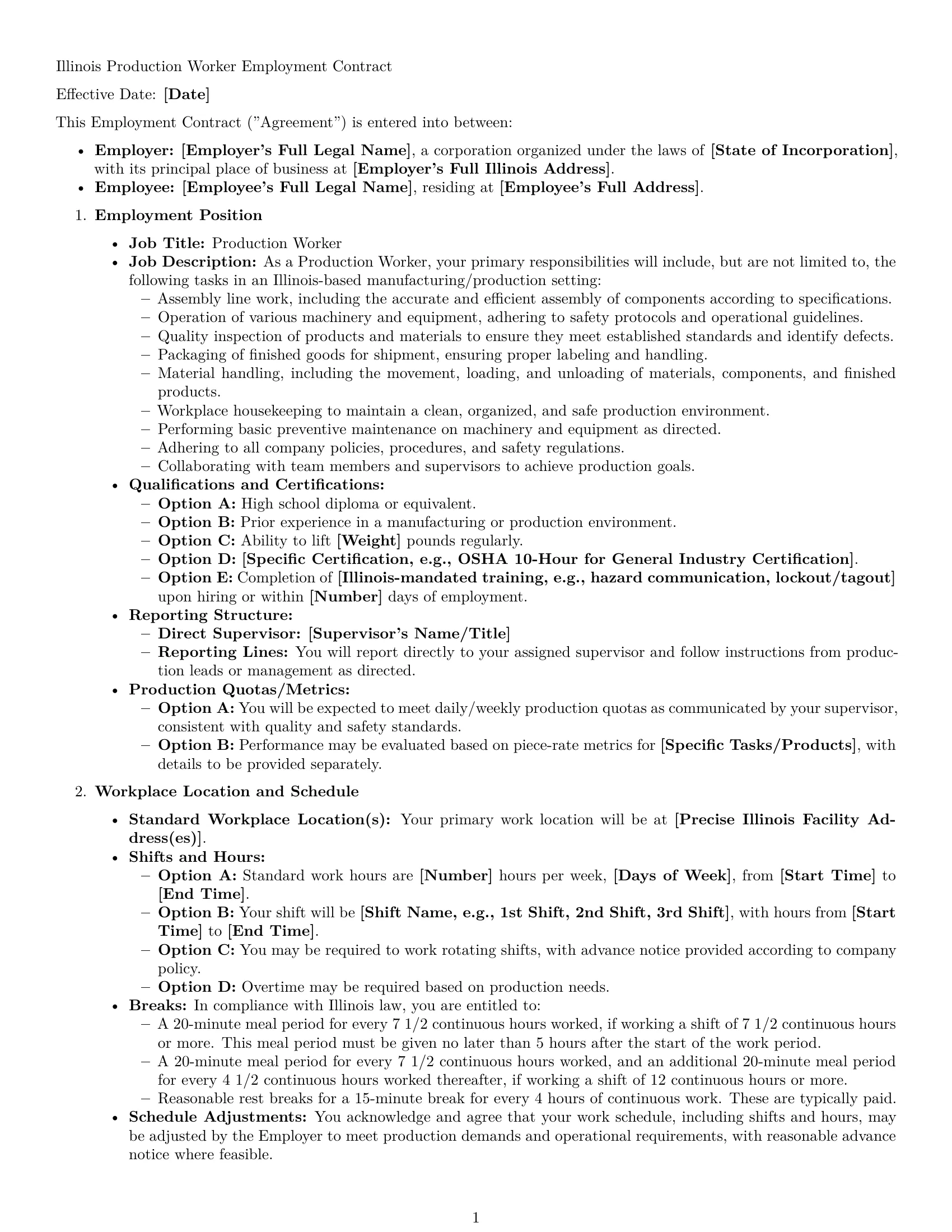 Preview page 1 of Pro Illinois production worker employment contract template