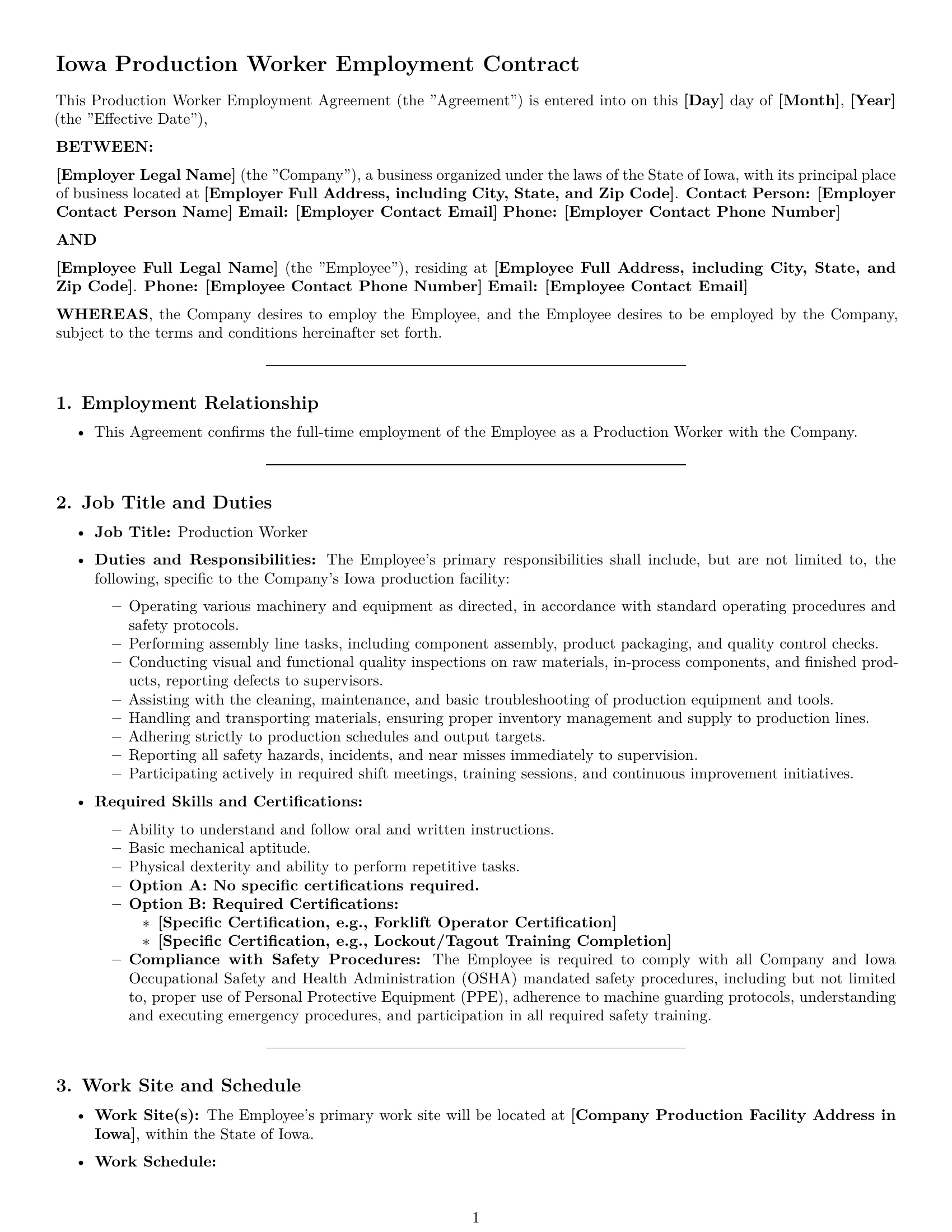 Preview page 1 of Pro Iowa production worker employment contract template