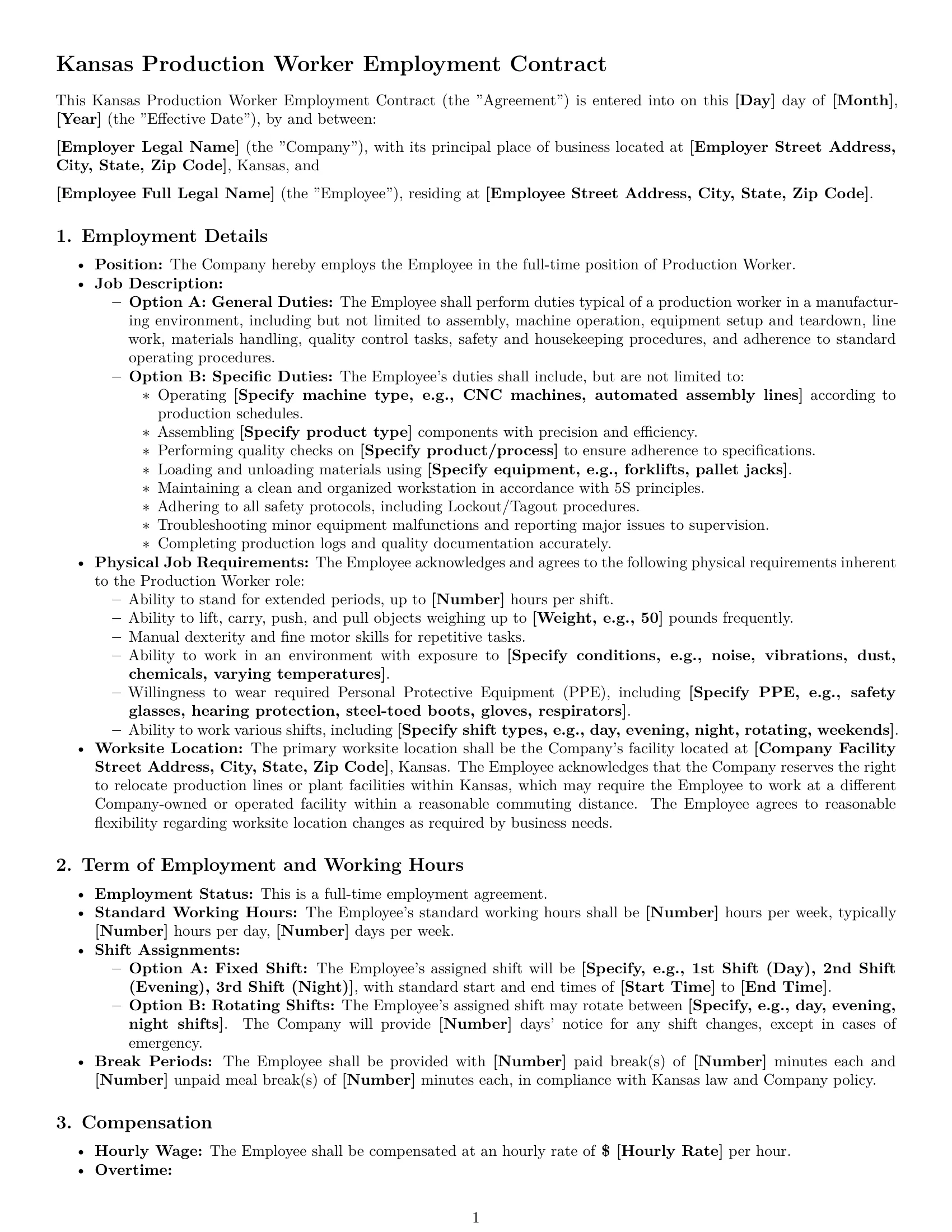 Preview page 1 of Pro Kansas production worker employment contract template