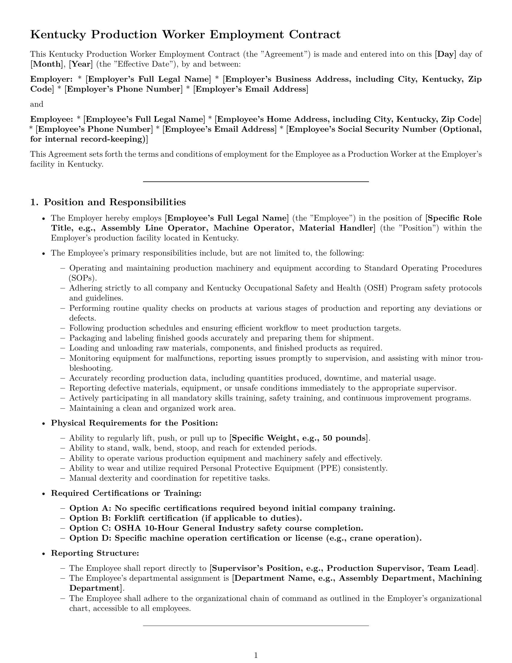 Preview page 1 of Pro Kentucky production worker employment contract template