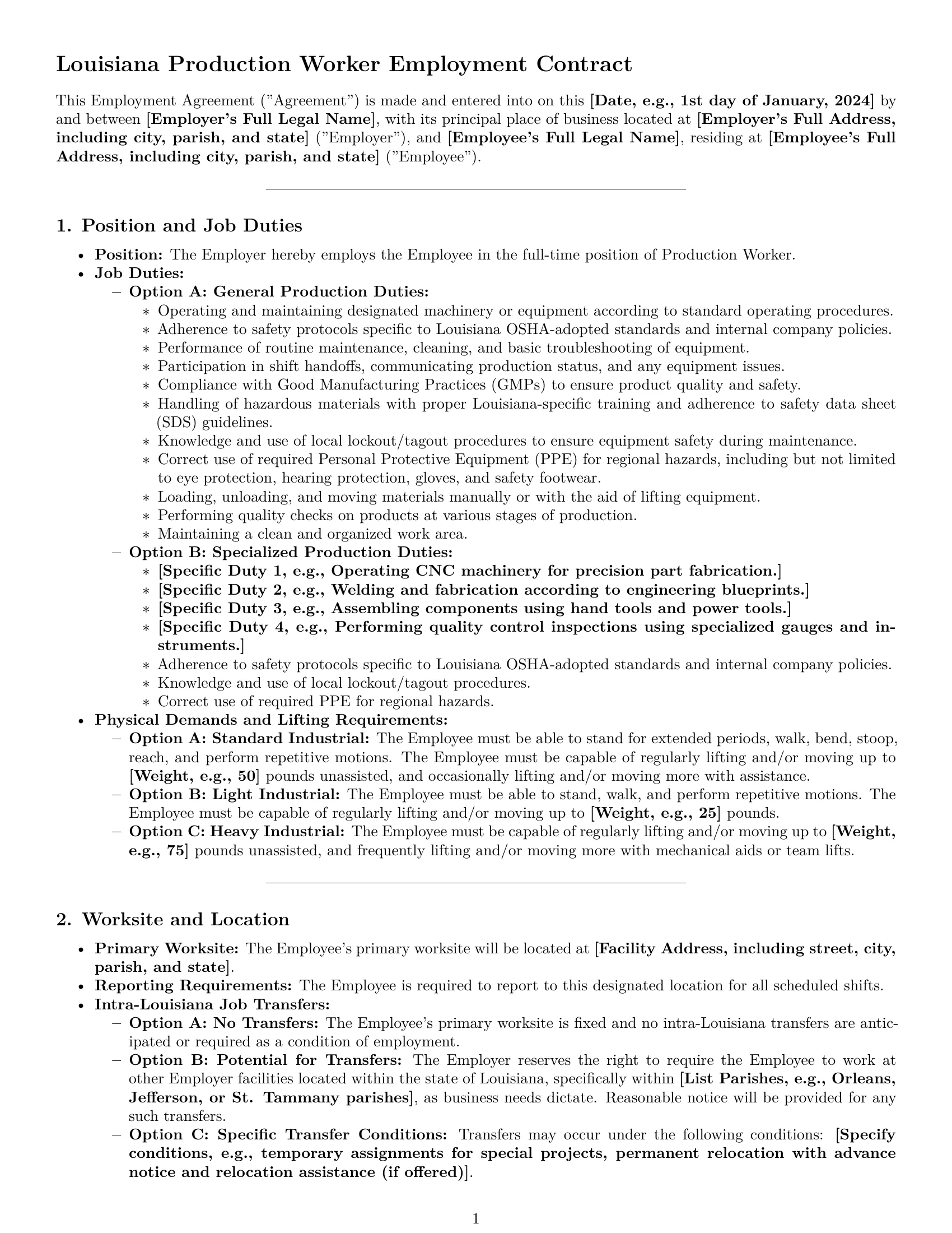 Preview page 1 of Pro Louisiana production worker employment contract template