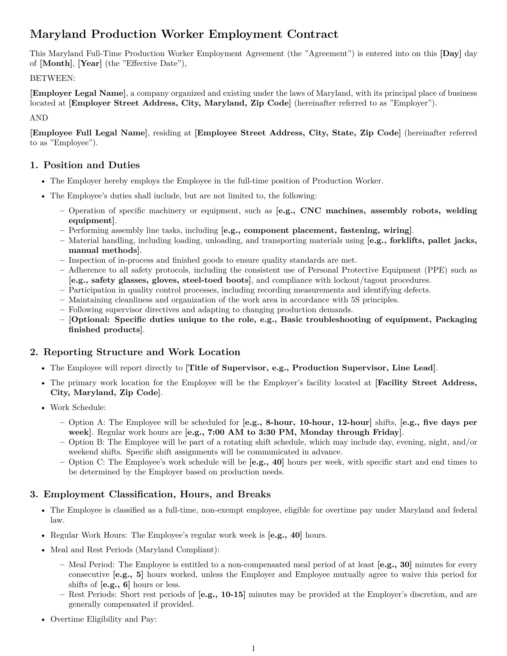 Preview page 1 of Pro Maryland production worker employment contract template