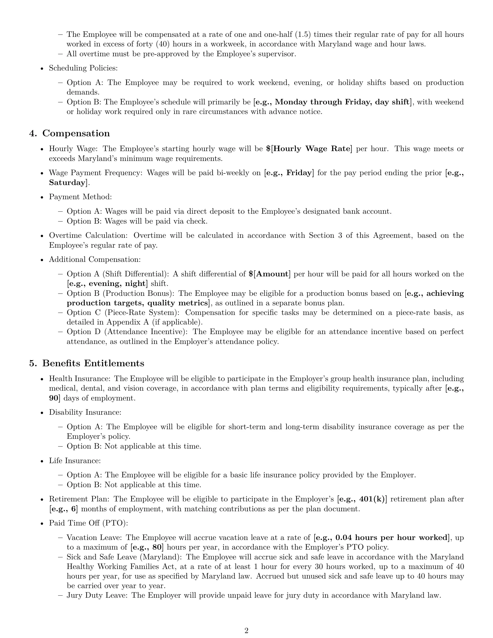 Preview page 2 of Pro Maryland production worker employment contract template