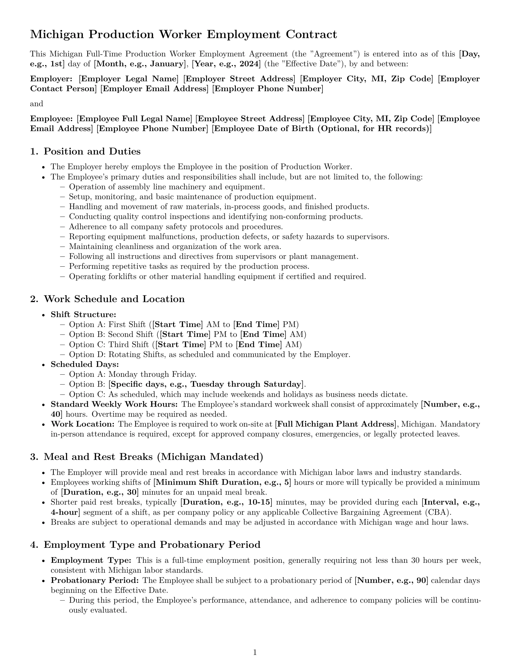 Preview page 1 of Pro Michigan production worker employment contract template