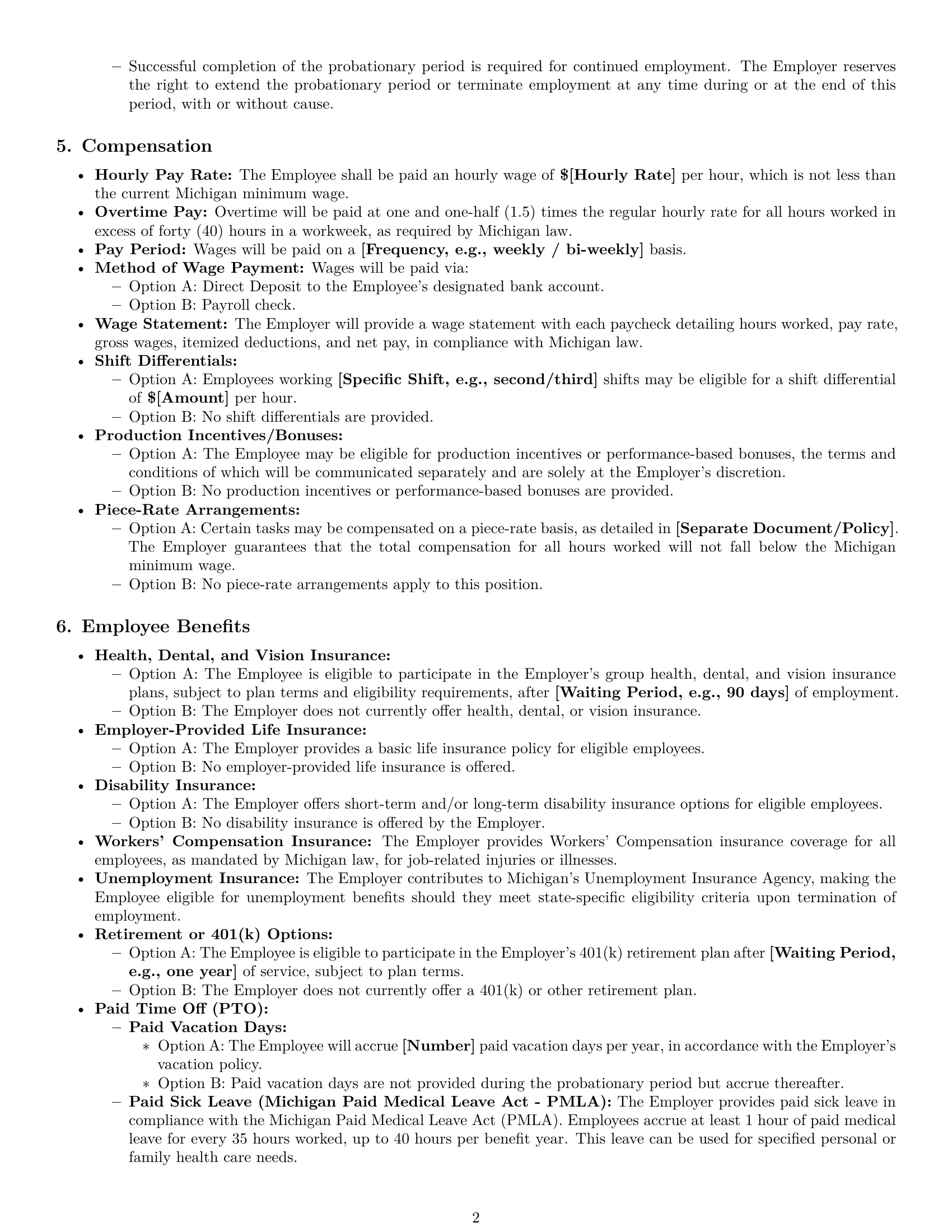 Preview page 2 of Pro Michigan production worker employment contract template