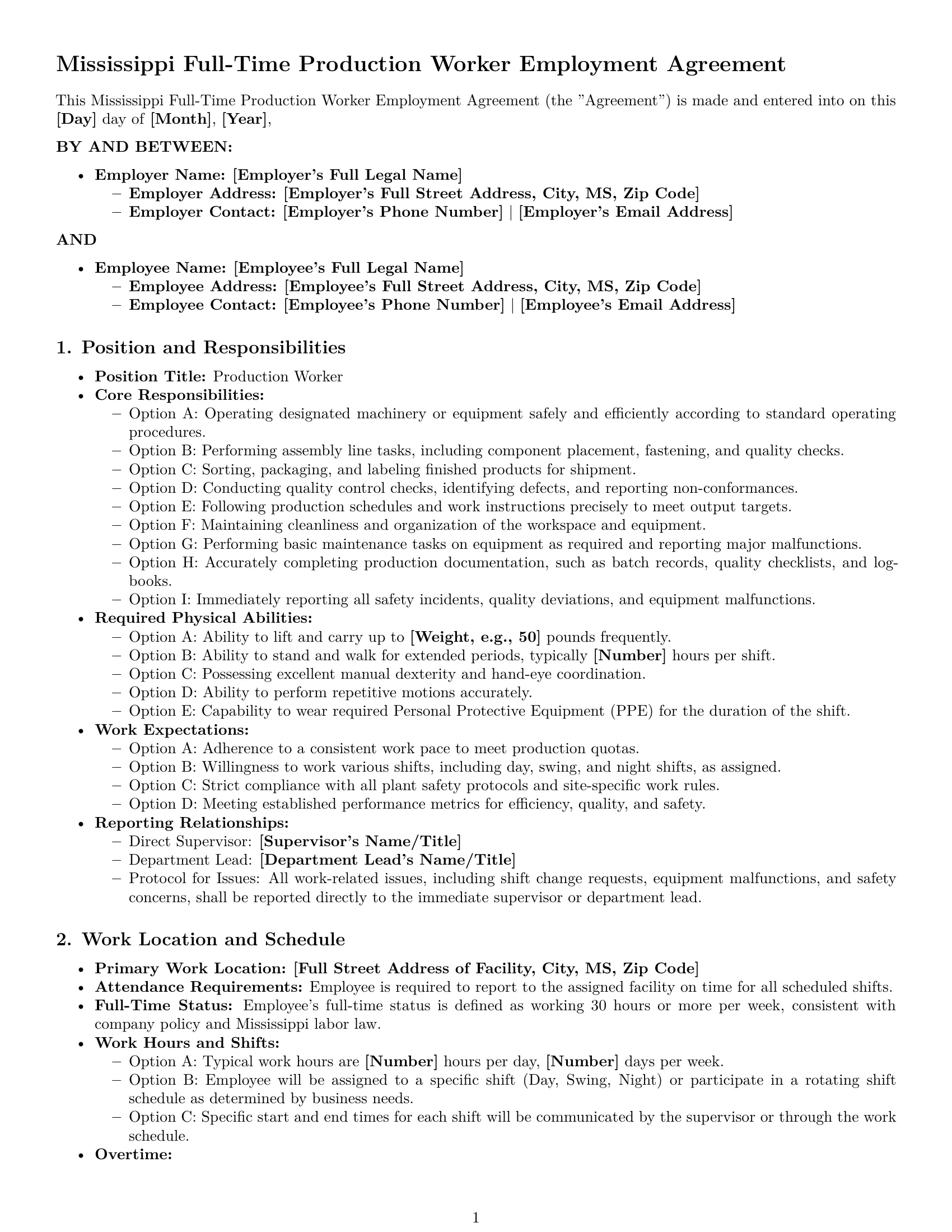Preview page 1 of Pro Mississippi production worker employment contract template