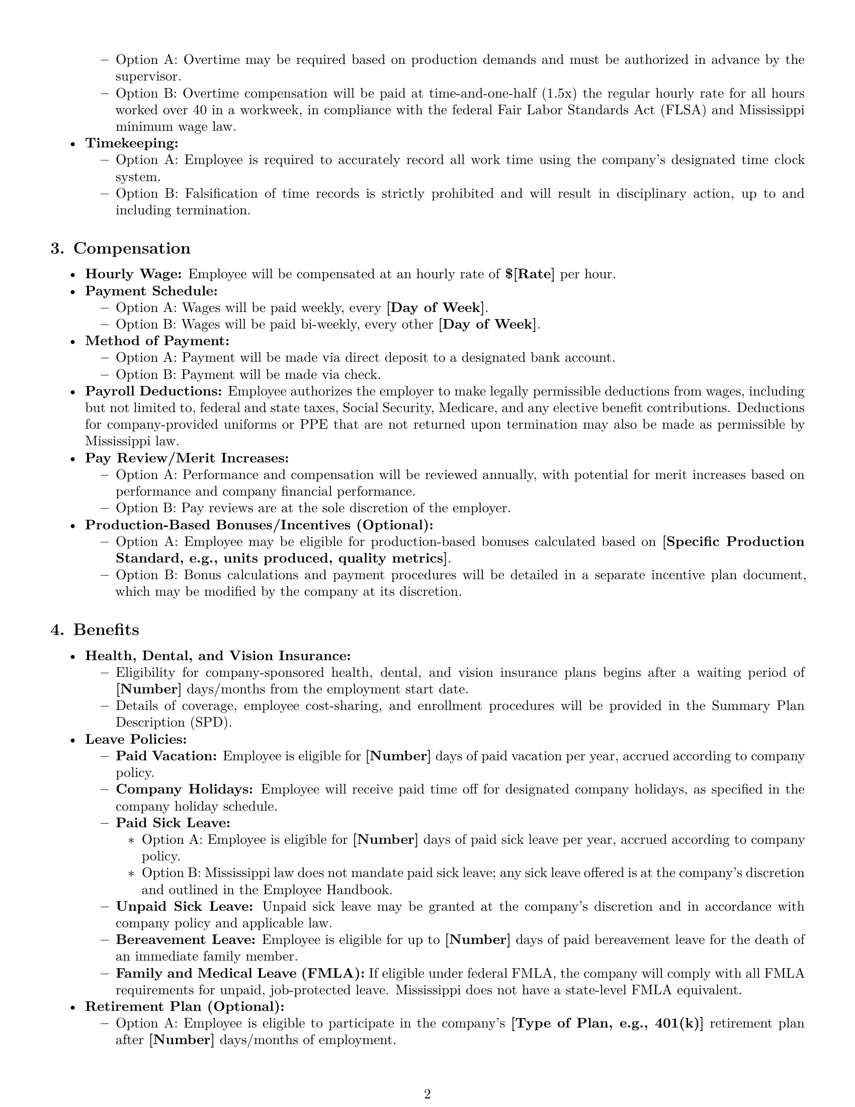 Preview page 2 of Pro Mississippi production worker employment contract template