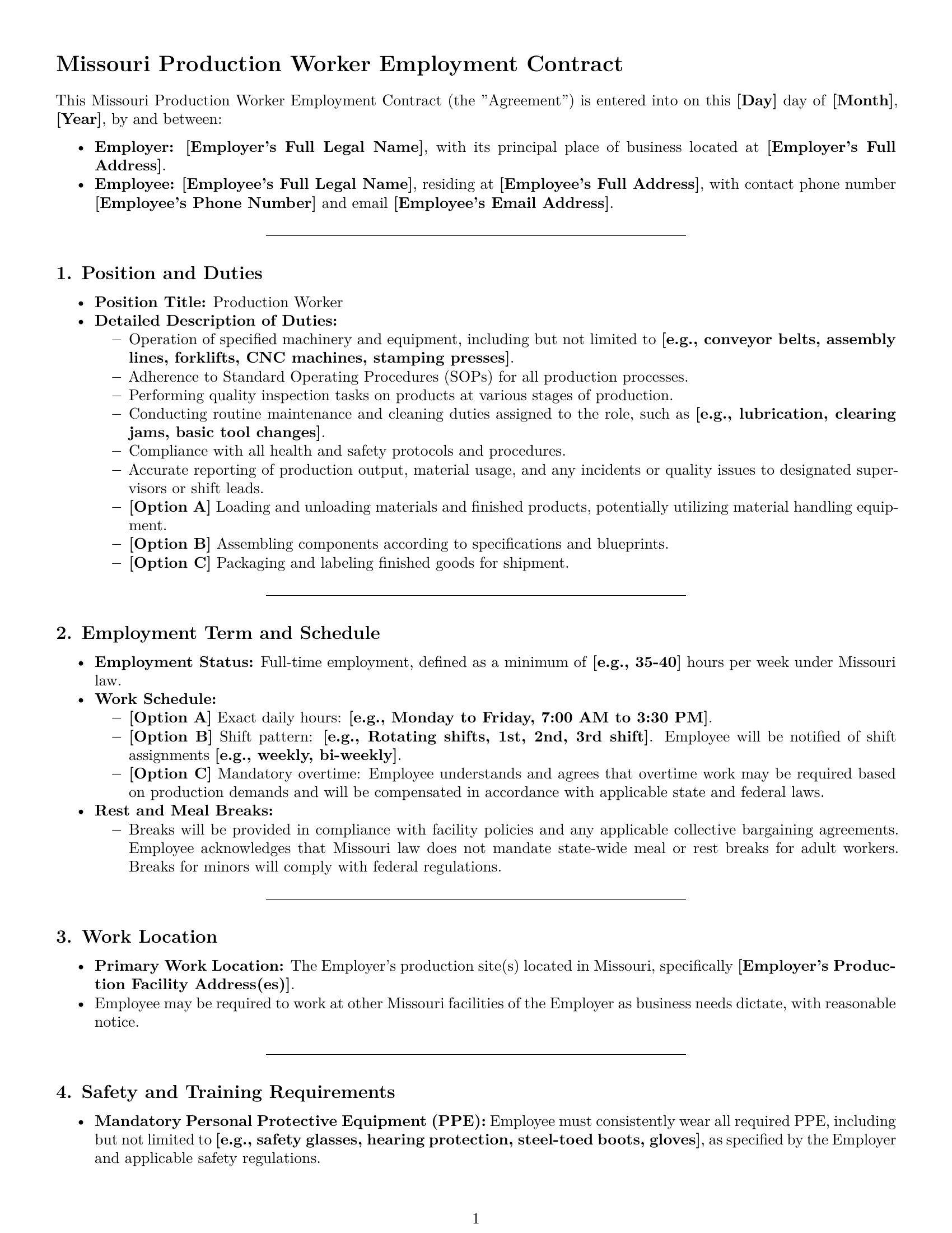 Preview page 1 of Pro Missouri production worker employment contract template