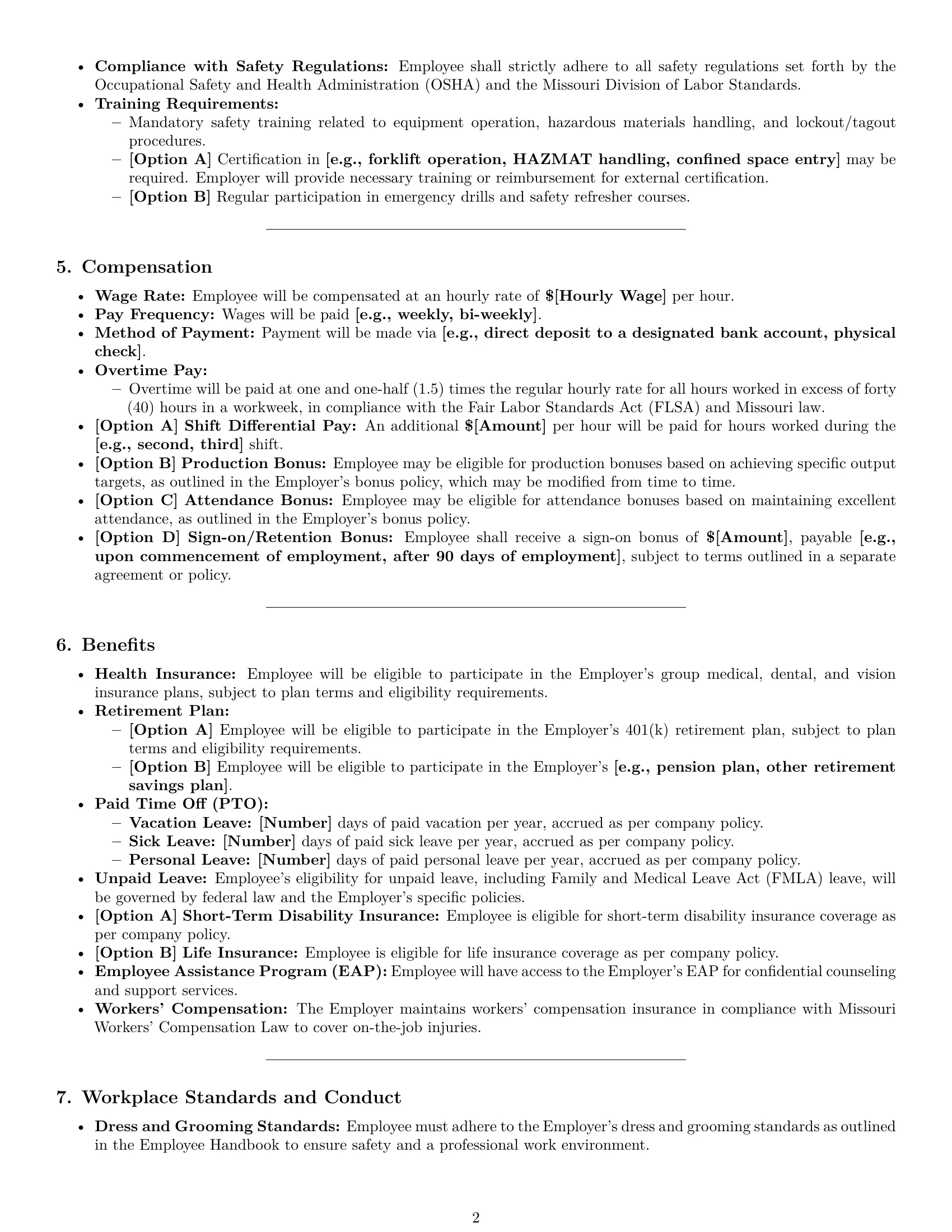 Preview page 2 of Pro Missouri production worker employment contract template