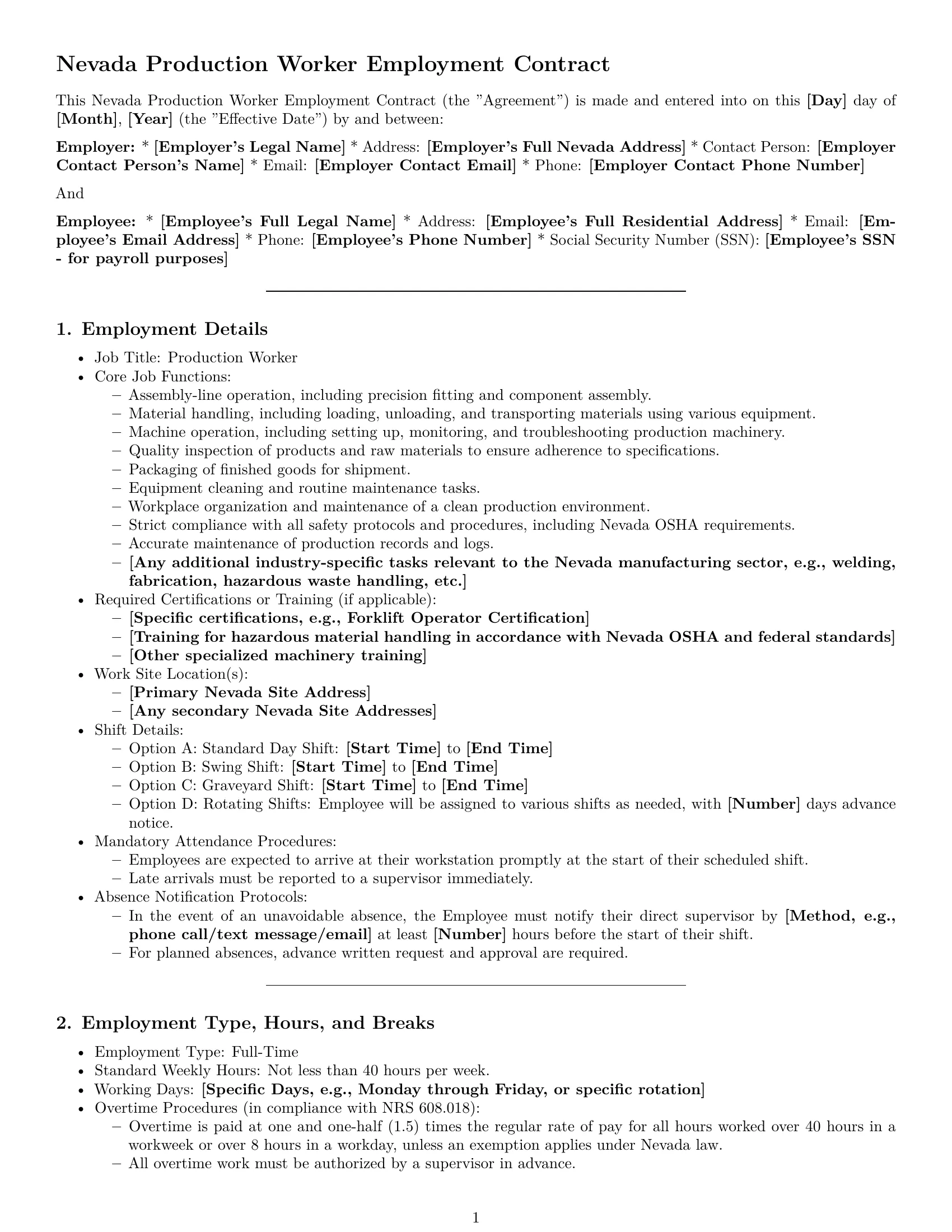 Preview page 1 of Pro Nevada production worker employment contract template
