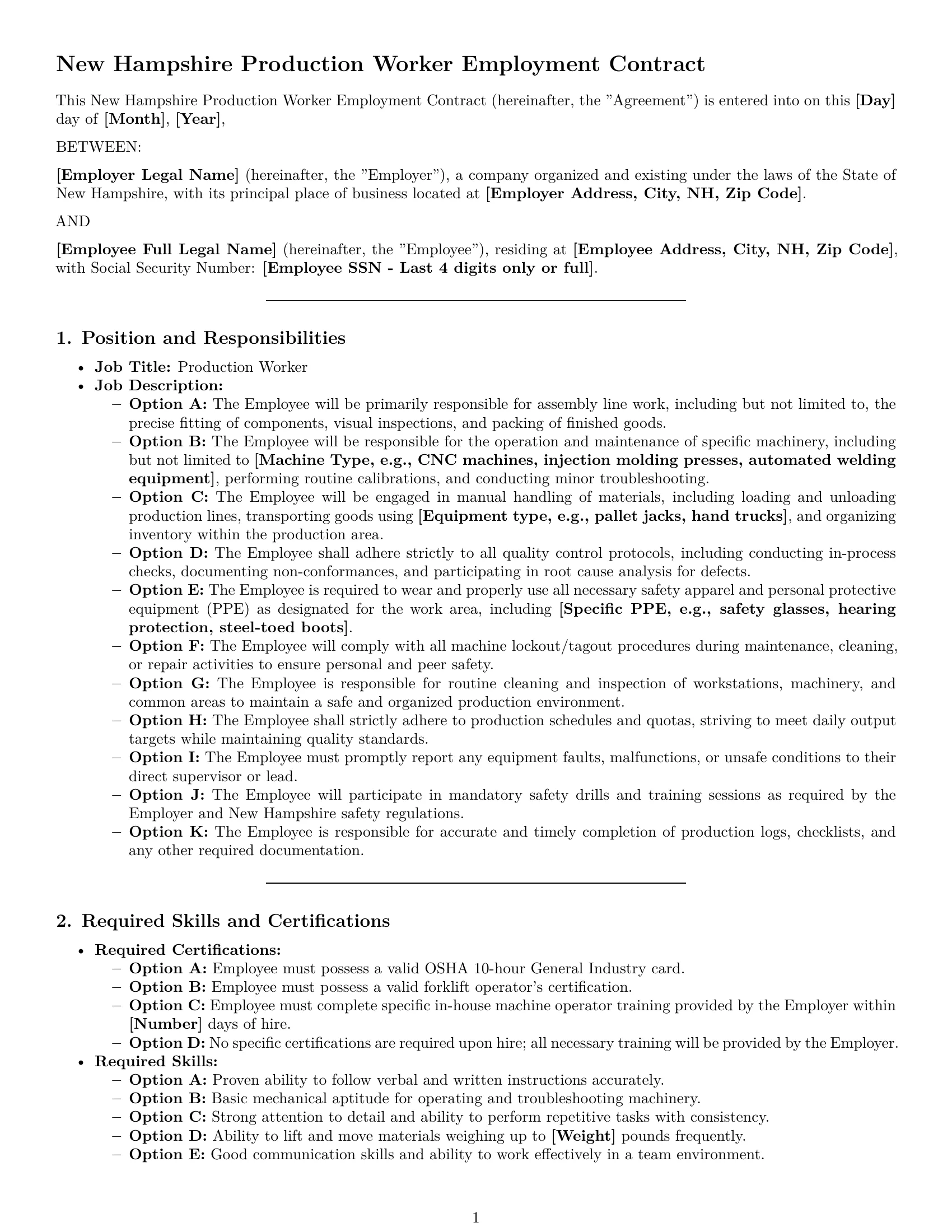 Preview page 1 of Pro New Hampshire production worker employment contract template