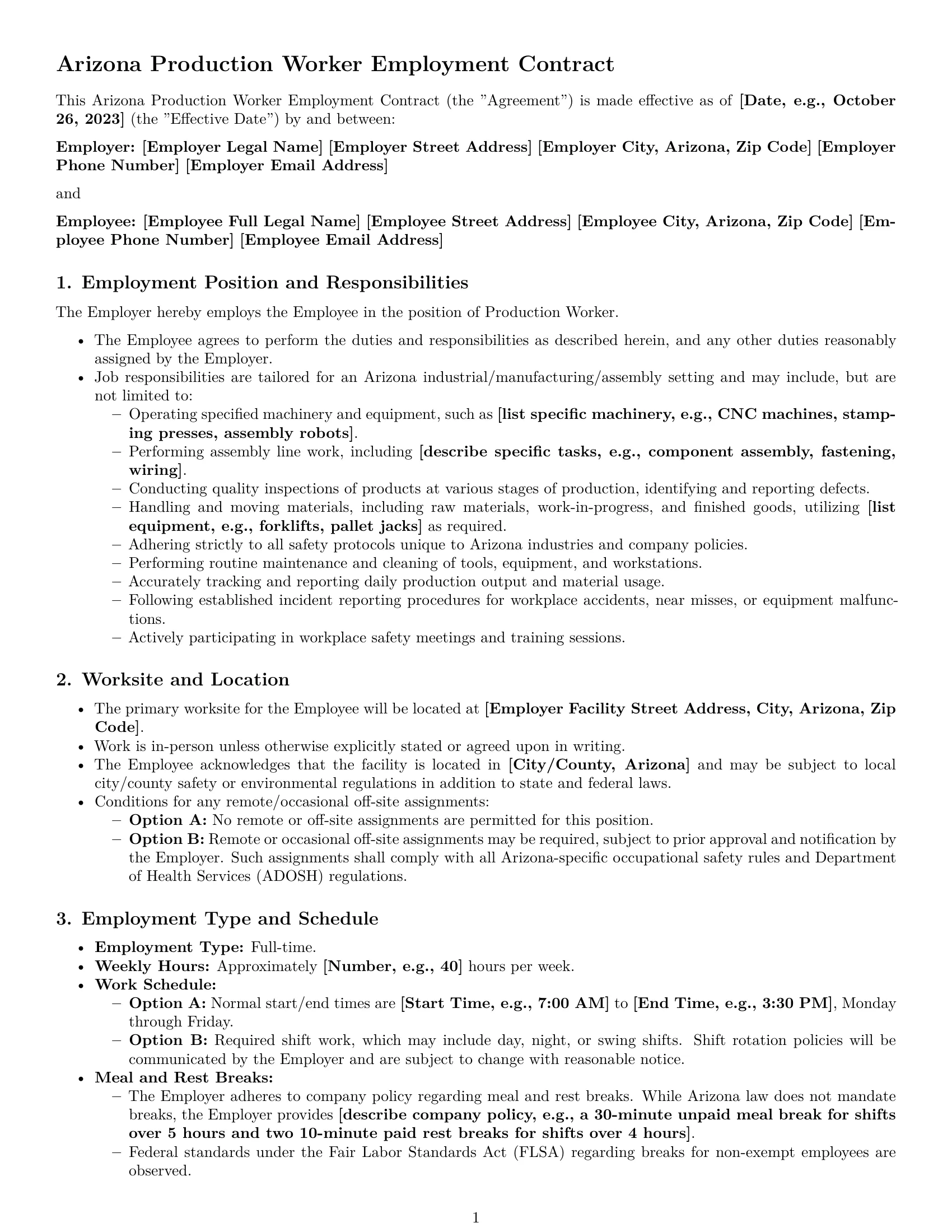 Preview page 1 of Pro Arizona production worker employment contract template