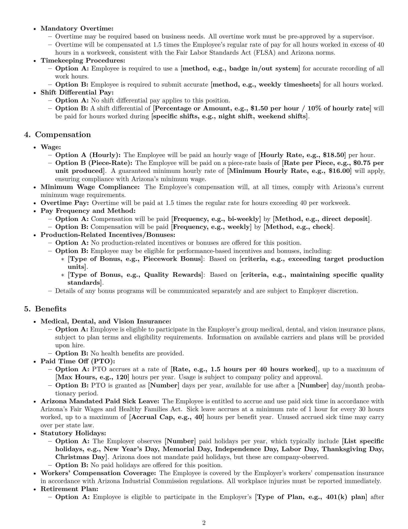 Preview page 2 of Pro Arizona production worker employment contract template