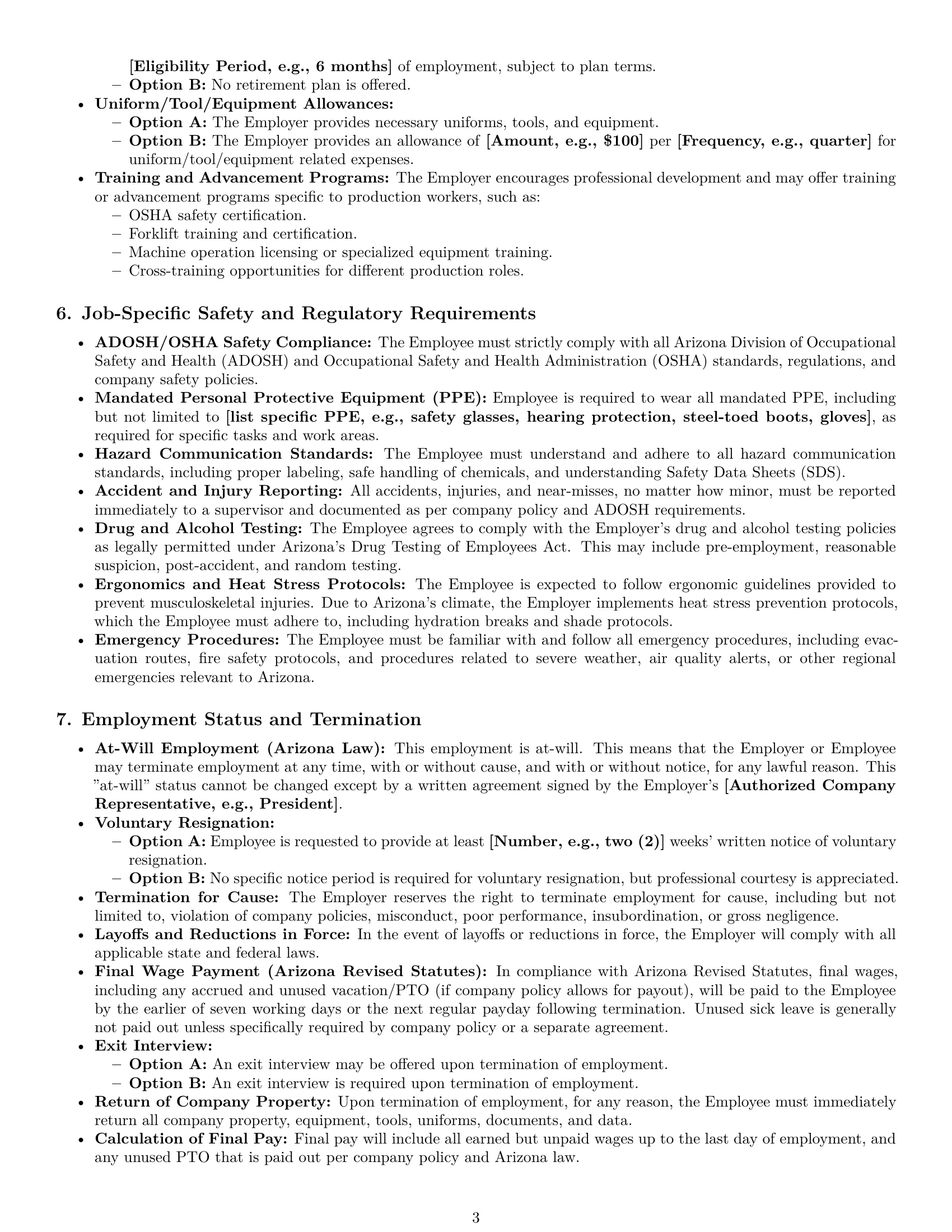 Preview page 3 of Pro Arizona production worker employment contract template