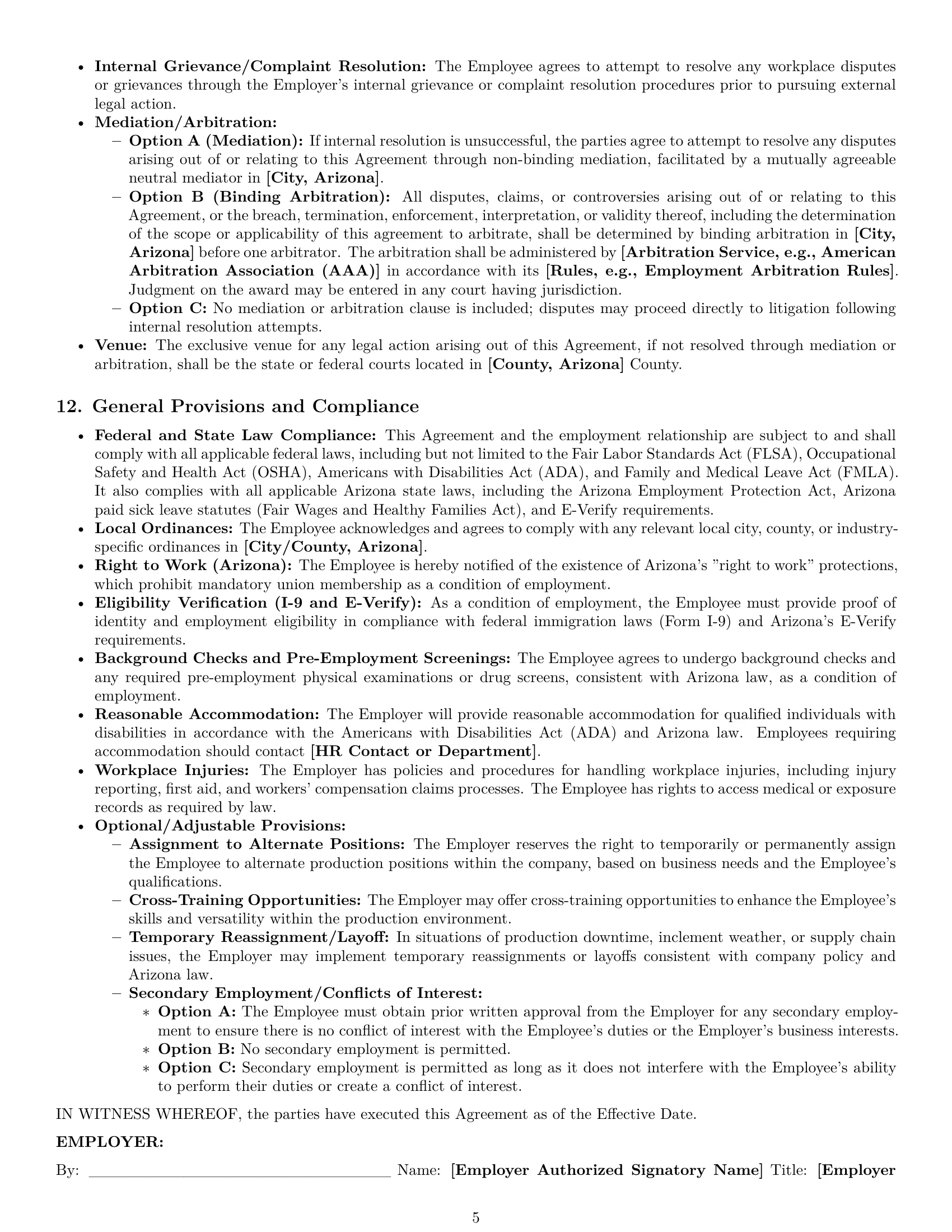Preview page 5 of Pro Arizona production worker employment contract template