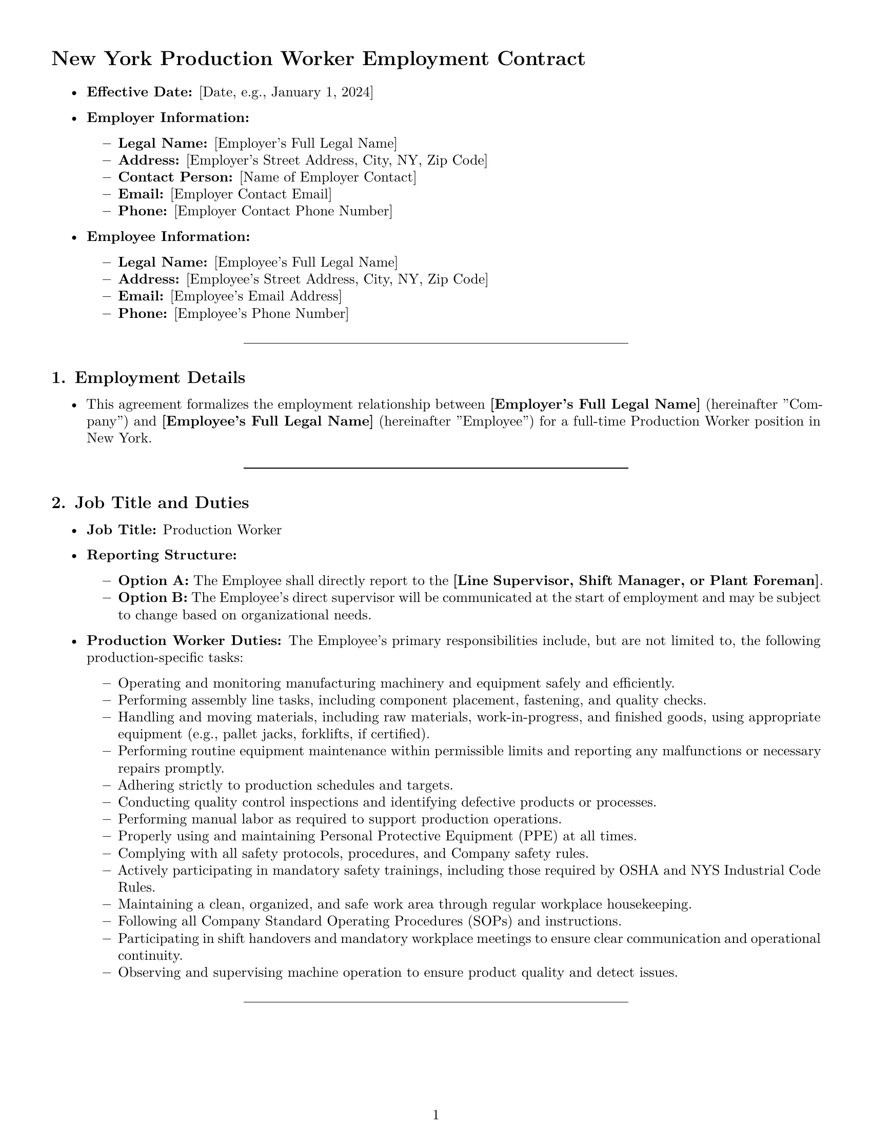 Preview page 1 of Pro New York production worker employment contract template