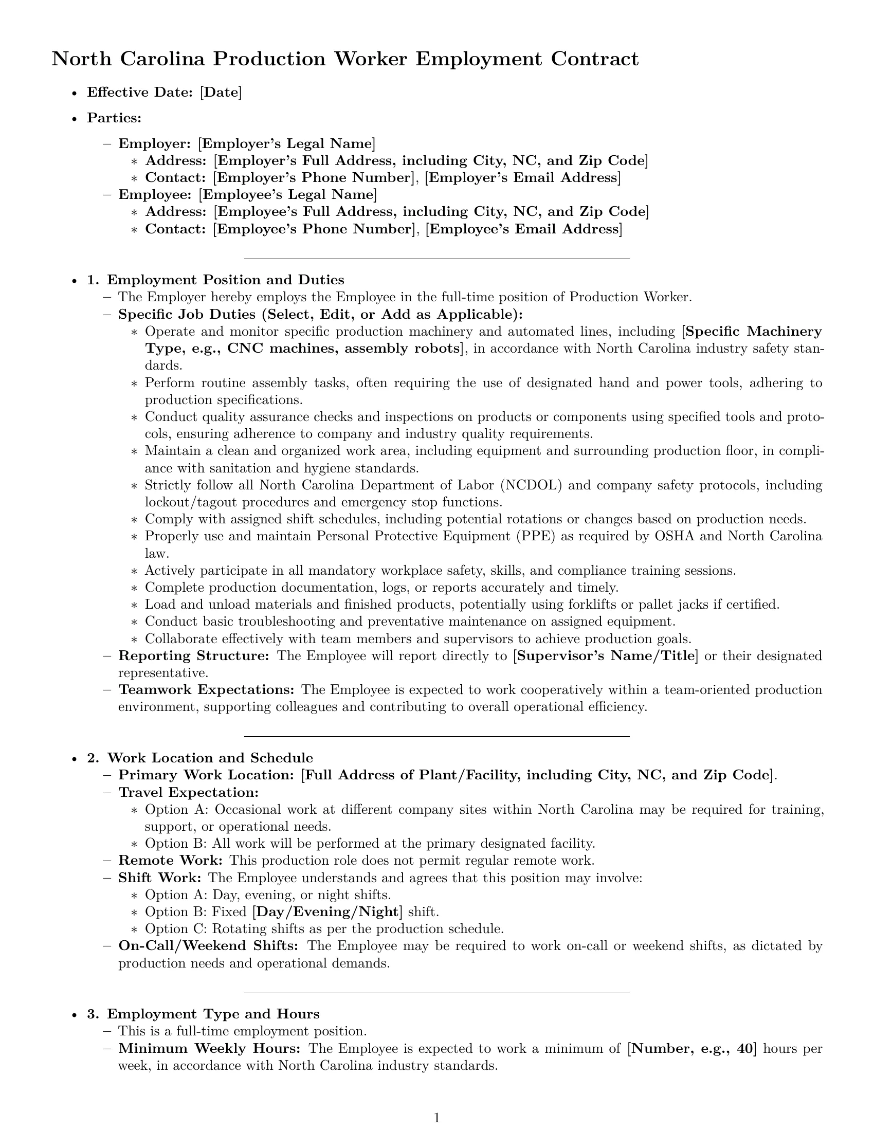 Preview page 1 of Pro North Carolina production worker employment contract template