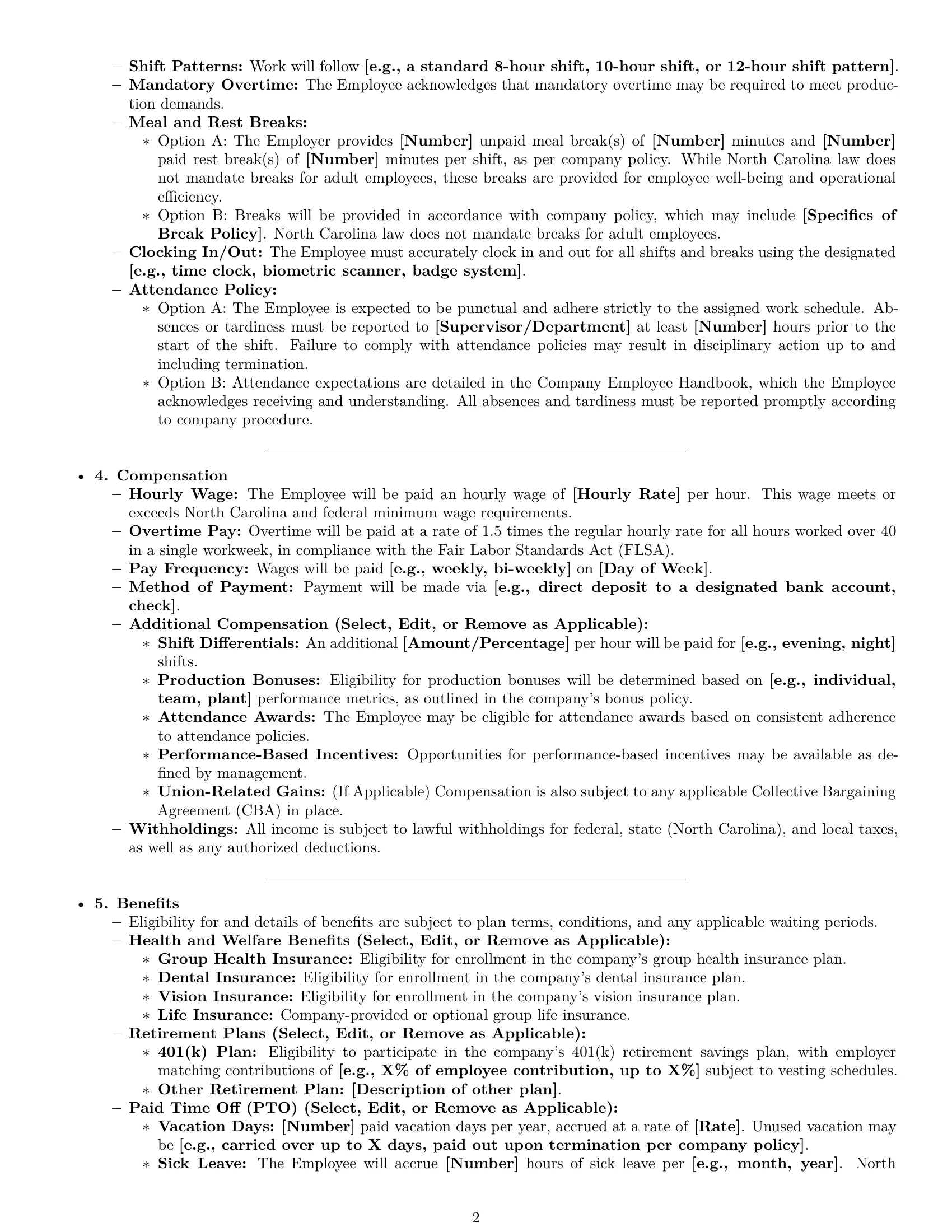 Preview page 2 of Pro North Carolina production worker employment contract template