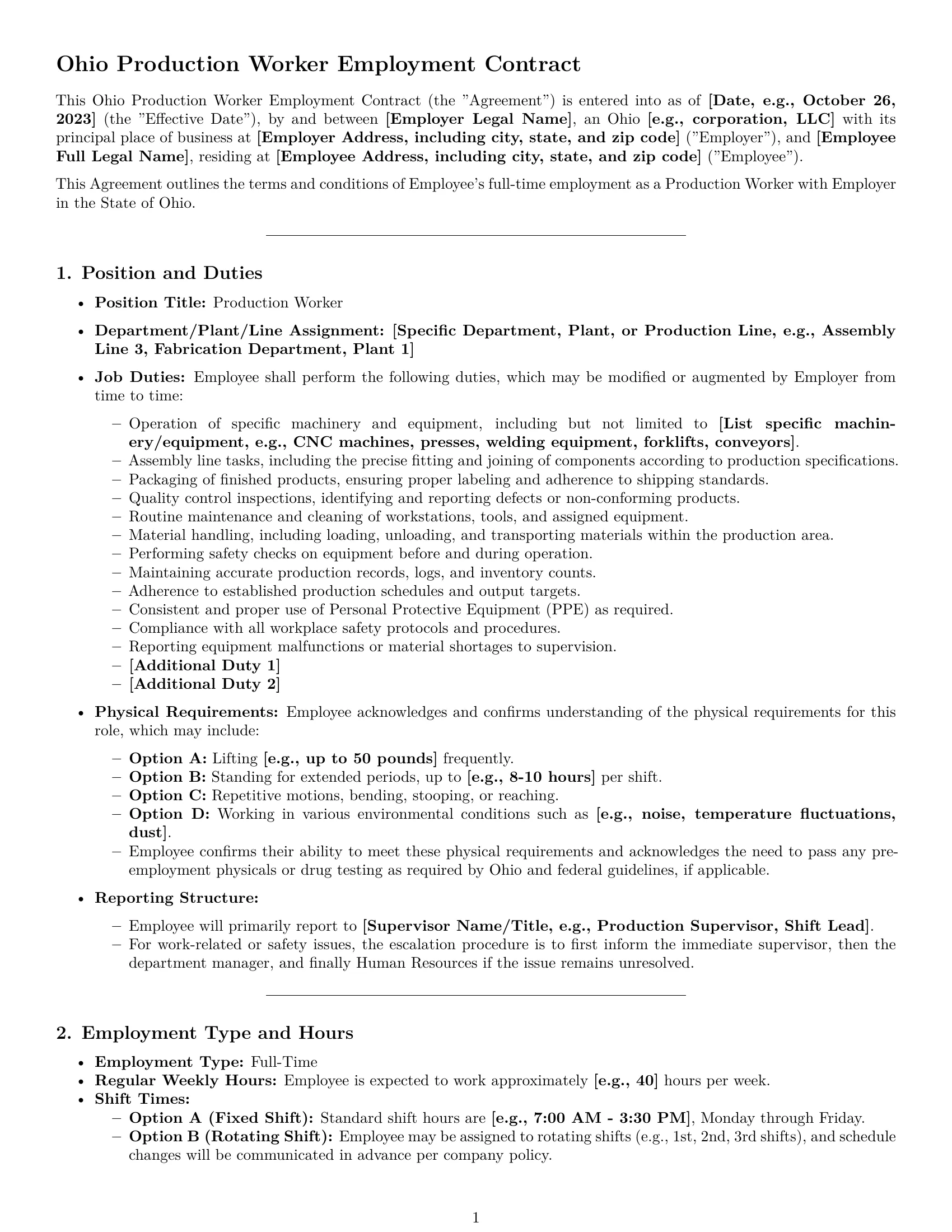 Preview page 1 of Pro Ohio production worker employment contract template