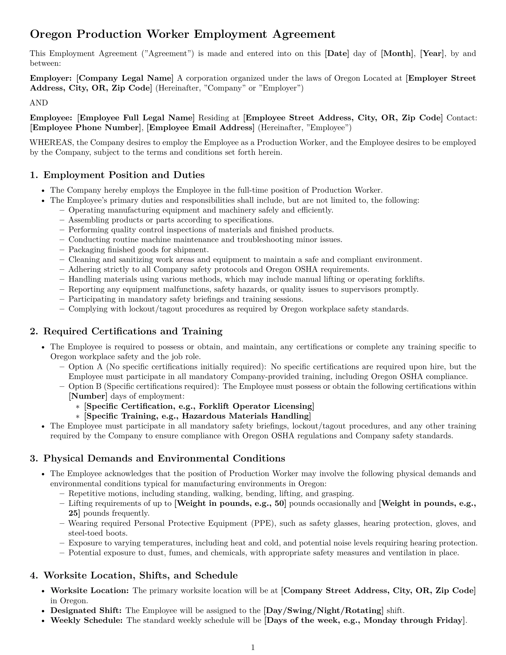 Preview page 1 of Pro Oregon production worker employment contract template