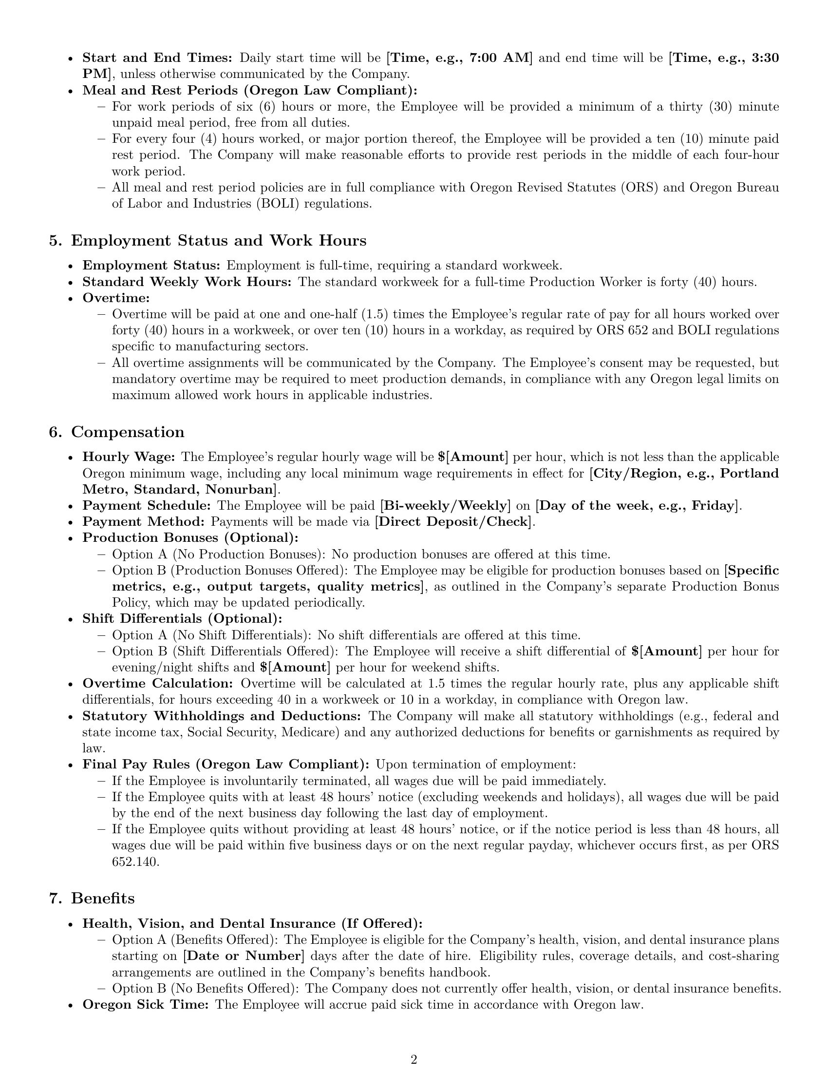 Preview page 2 of Pro Oregon production worker employment contract template