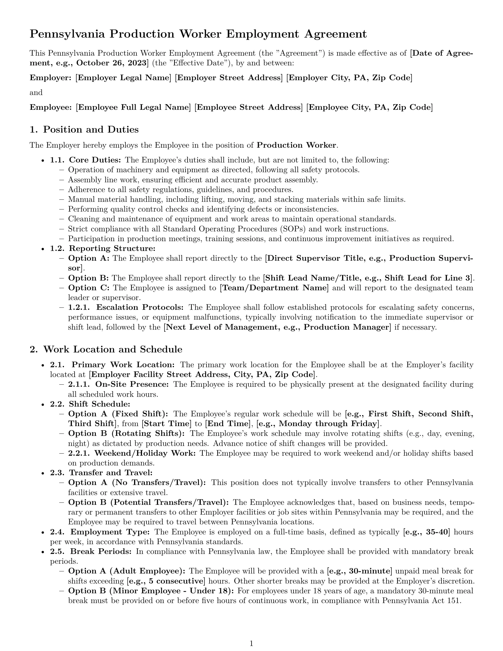 Preview page 1 of Pro Pennsylvania production worker employment contract template