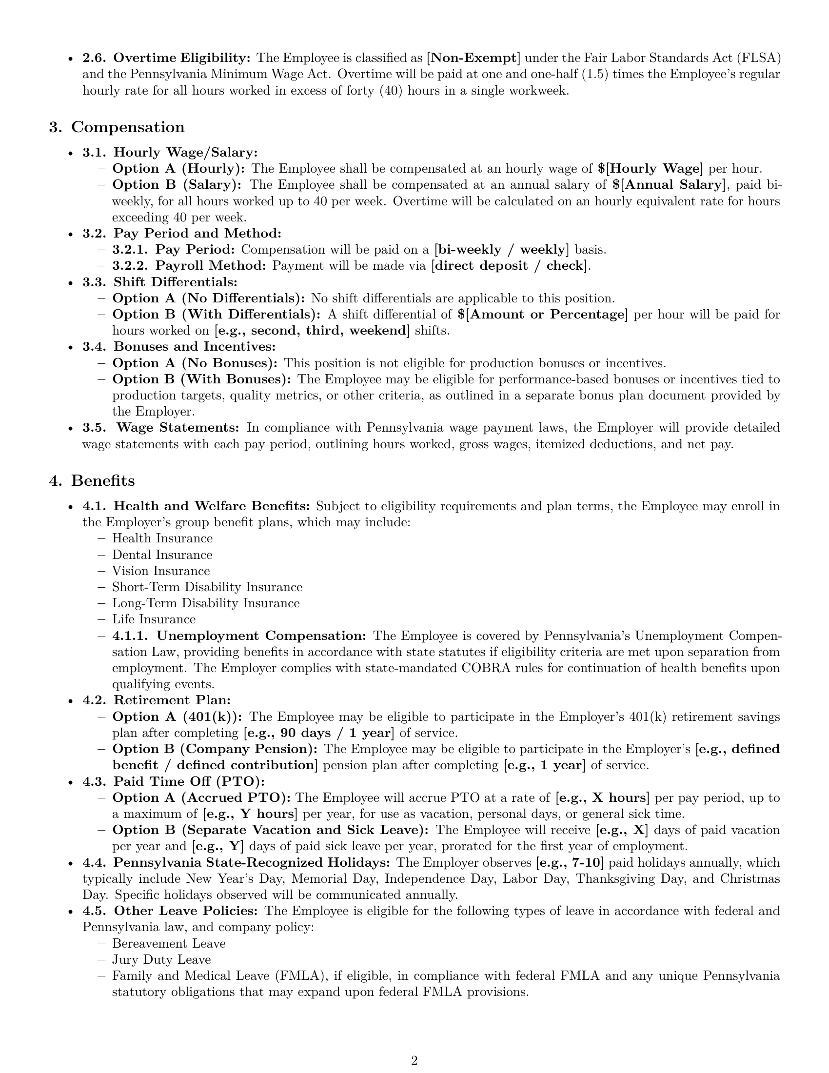 Preview page 2 of Pro Pennsylvania production worker employment contract template