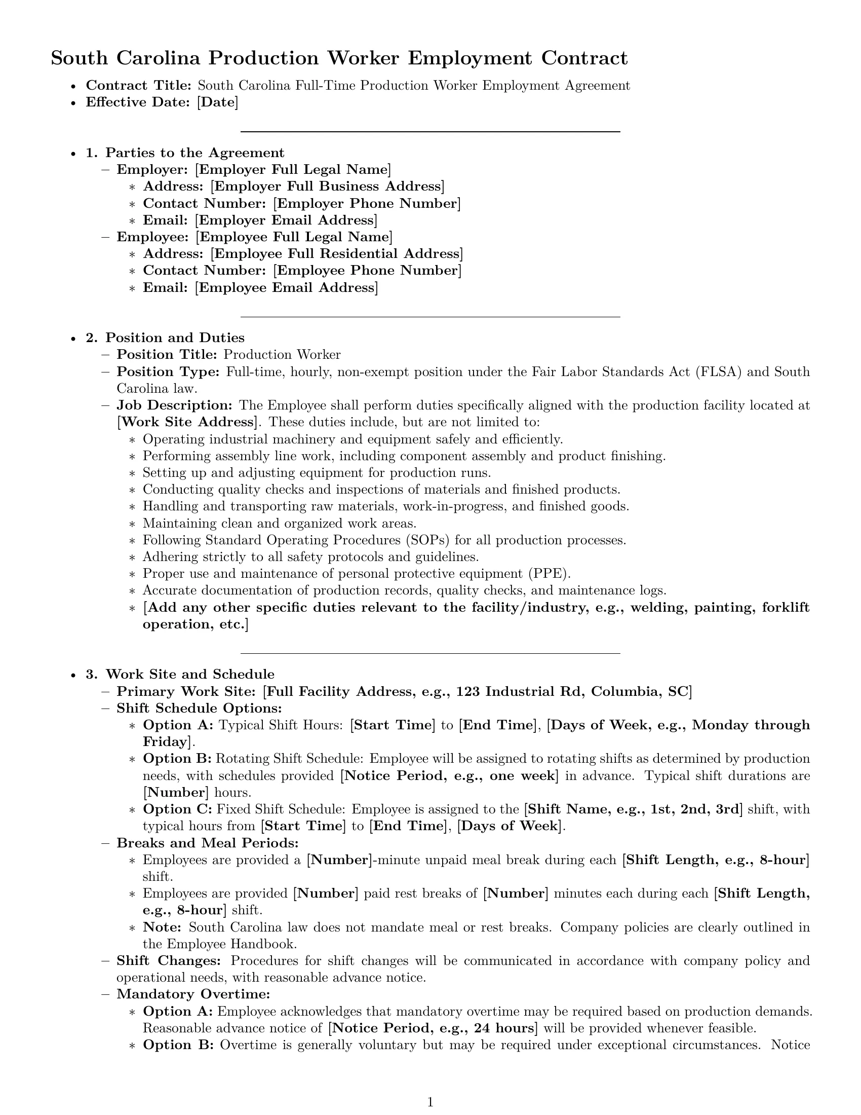Preview page 1 of Pro South Carolina production worker employment contract template