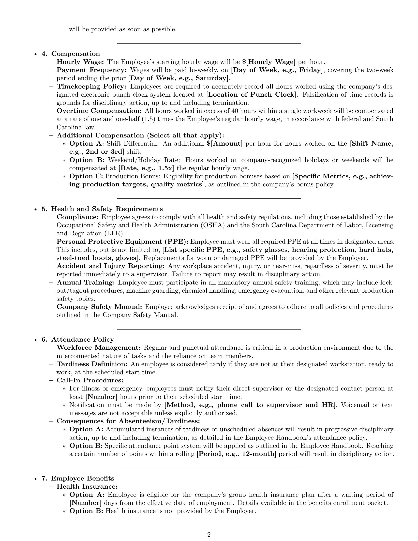 Preview page 2 of Pro South Carolina production worker employment contract template