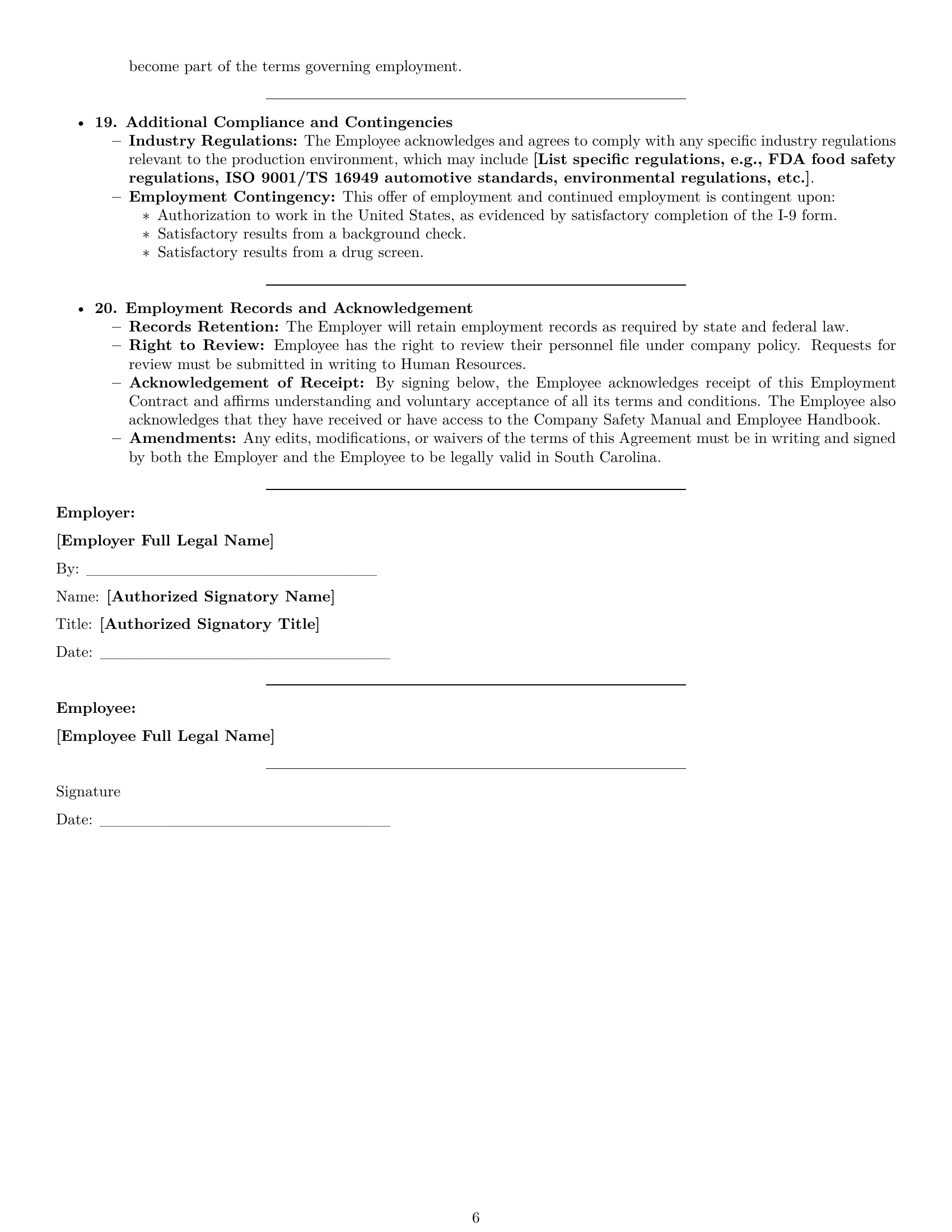 Preview page 6 of Pro South Carolina production worker employment contract template