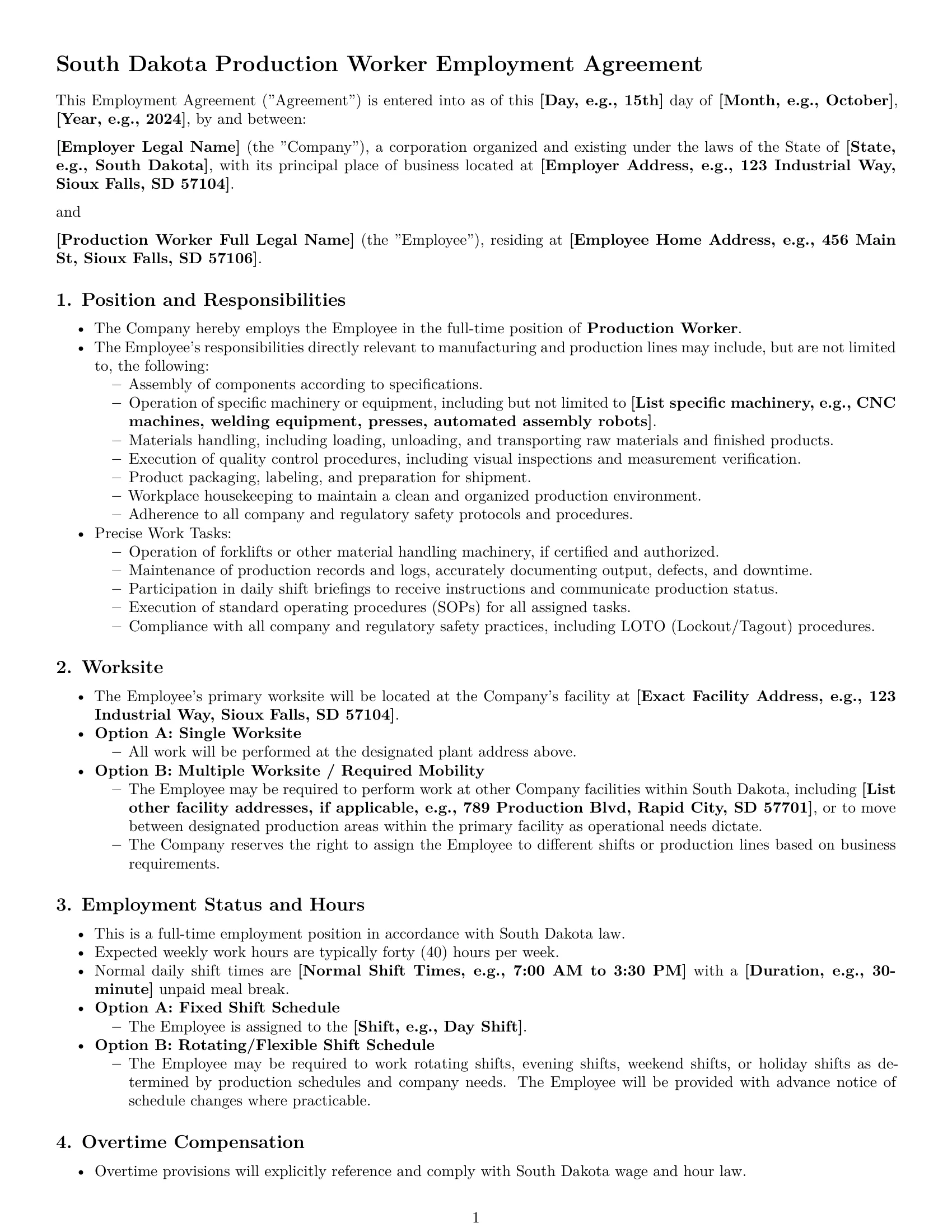 Preview page 1 of Pro South Dakota production worker employment contract template
