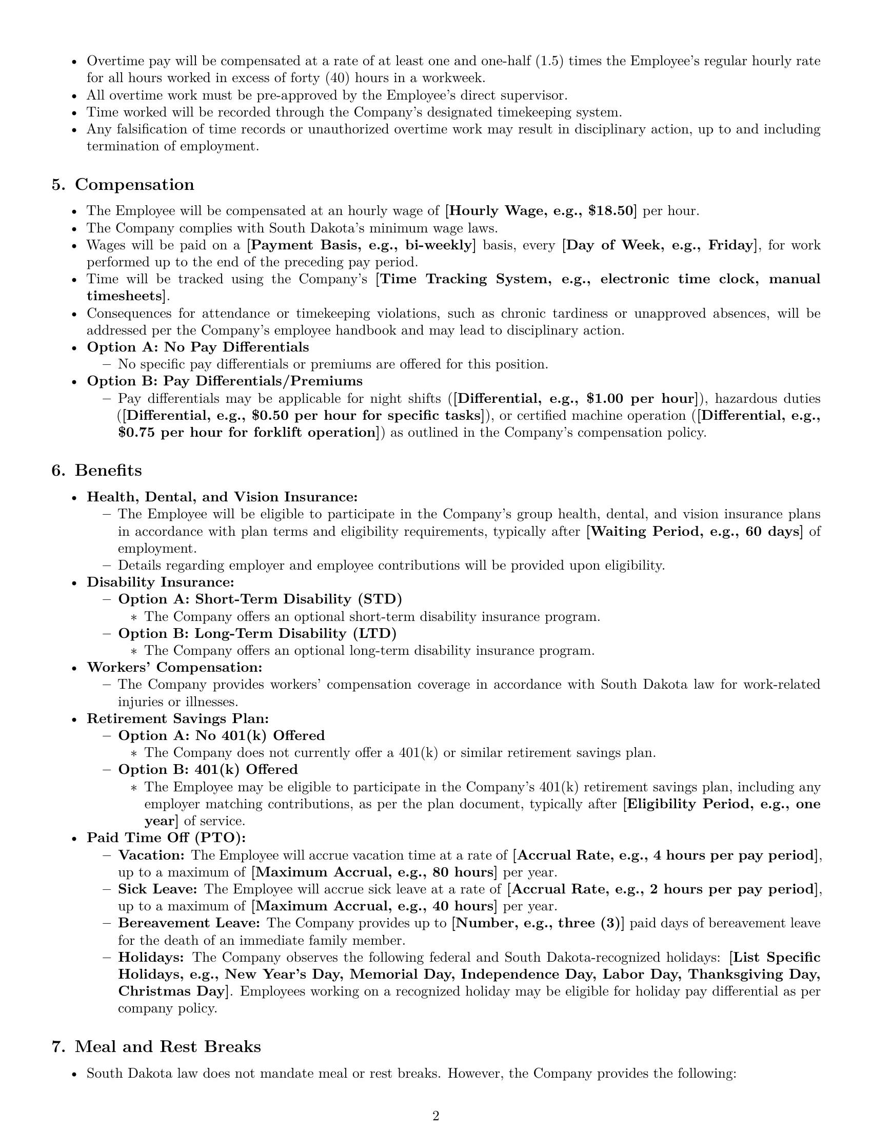 Preview page 2 of Pro South Dakota production worker employment contract template