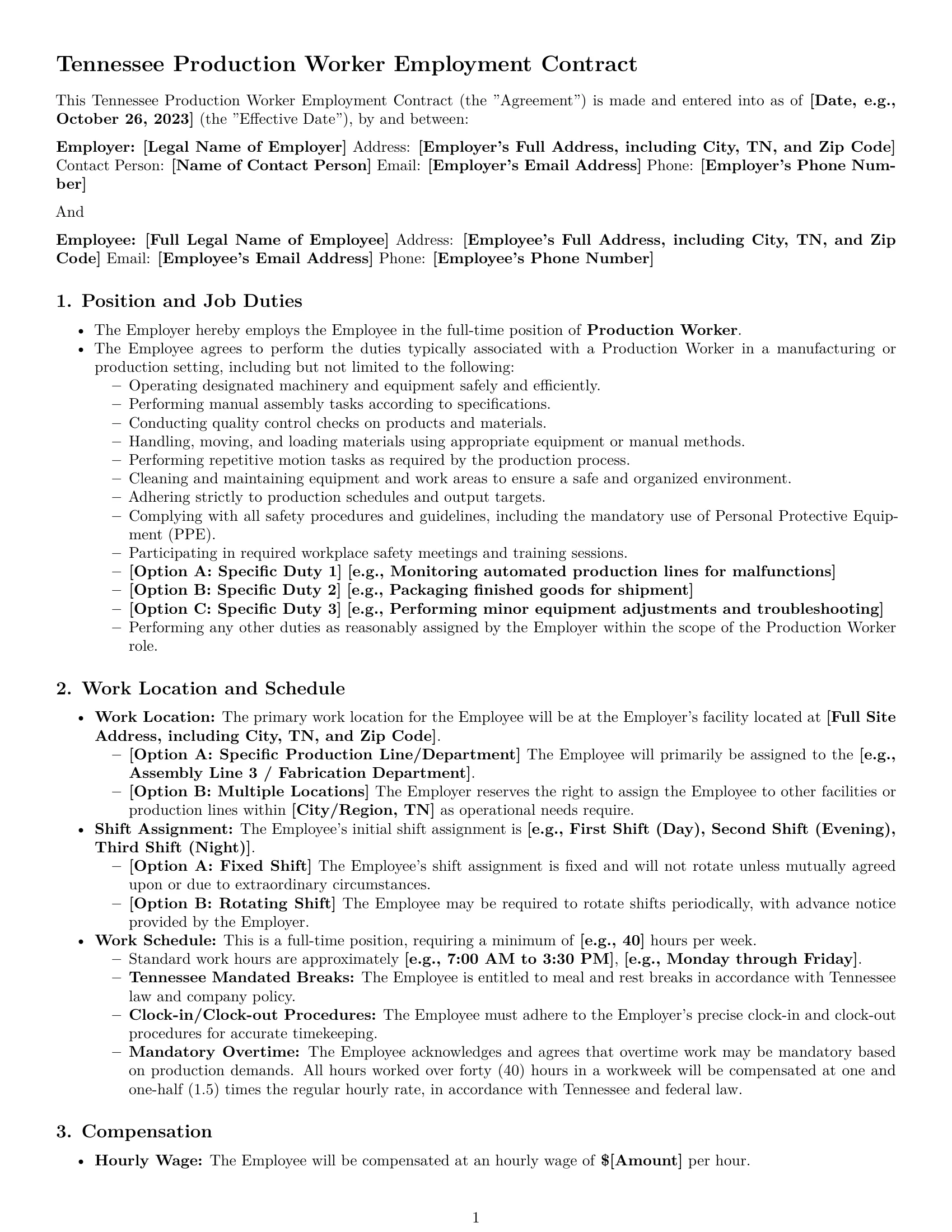 Preview page 1 of Pro Tennessee production worker employment contract template