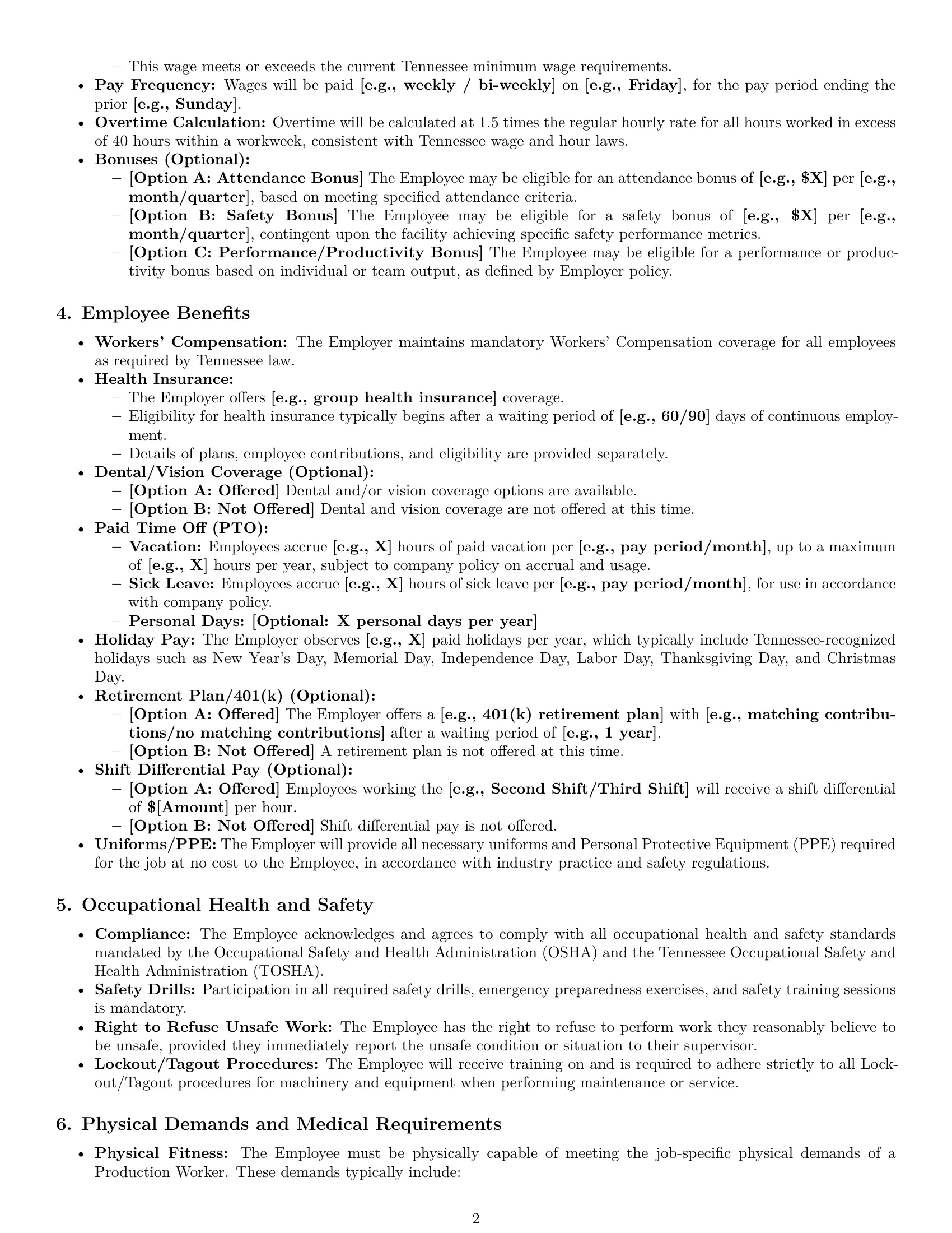Preview page 2 of Pro Tennessee production worker employment contract template