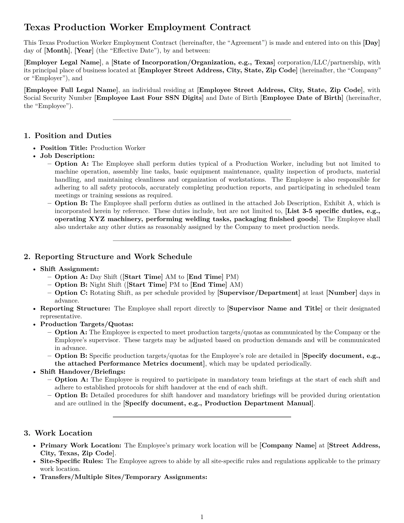 Preview page 1 of Pro Texas production worker employment contract template
