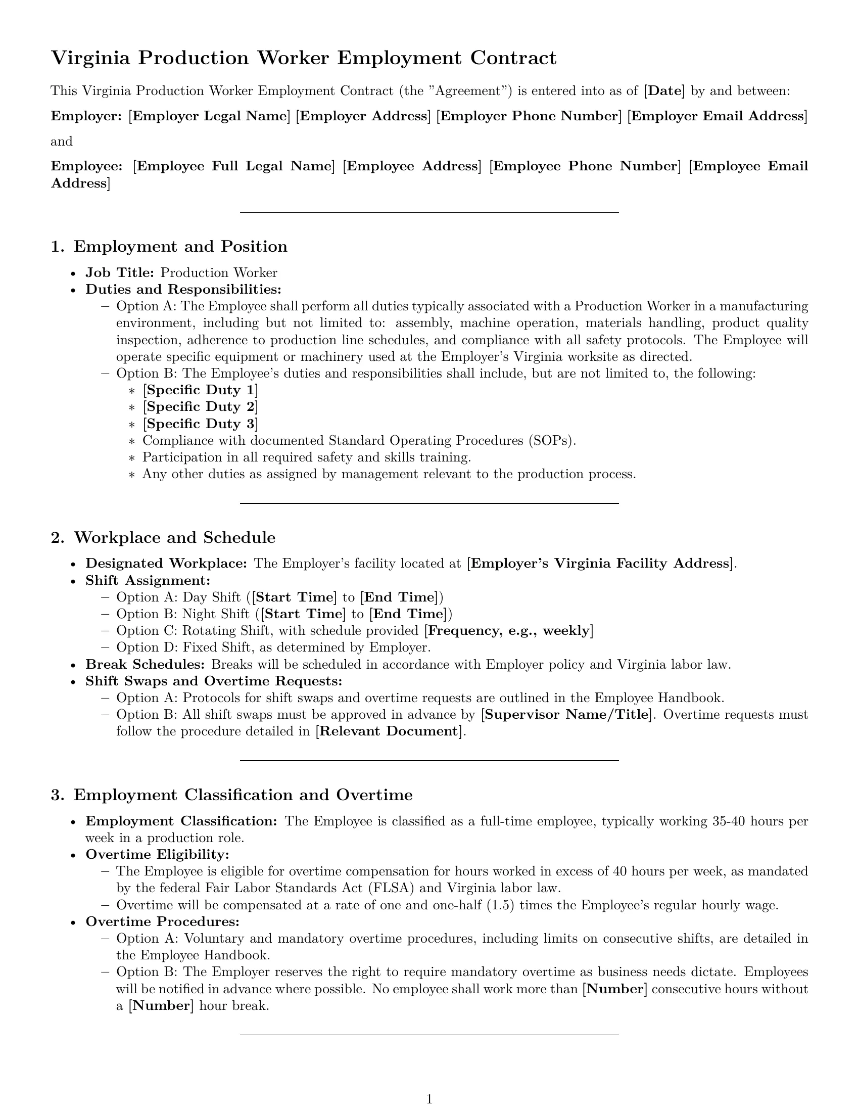 Preview page 1 of Pro Virginia production worker employment contract template