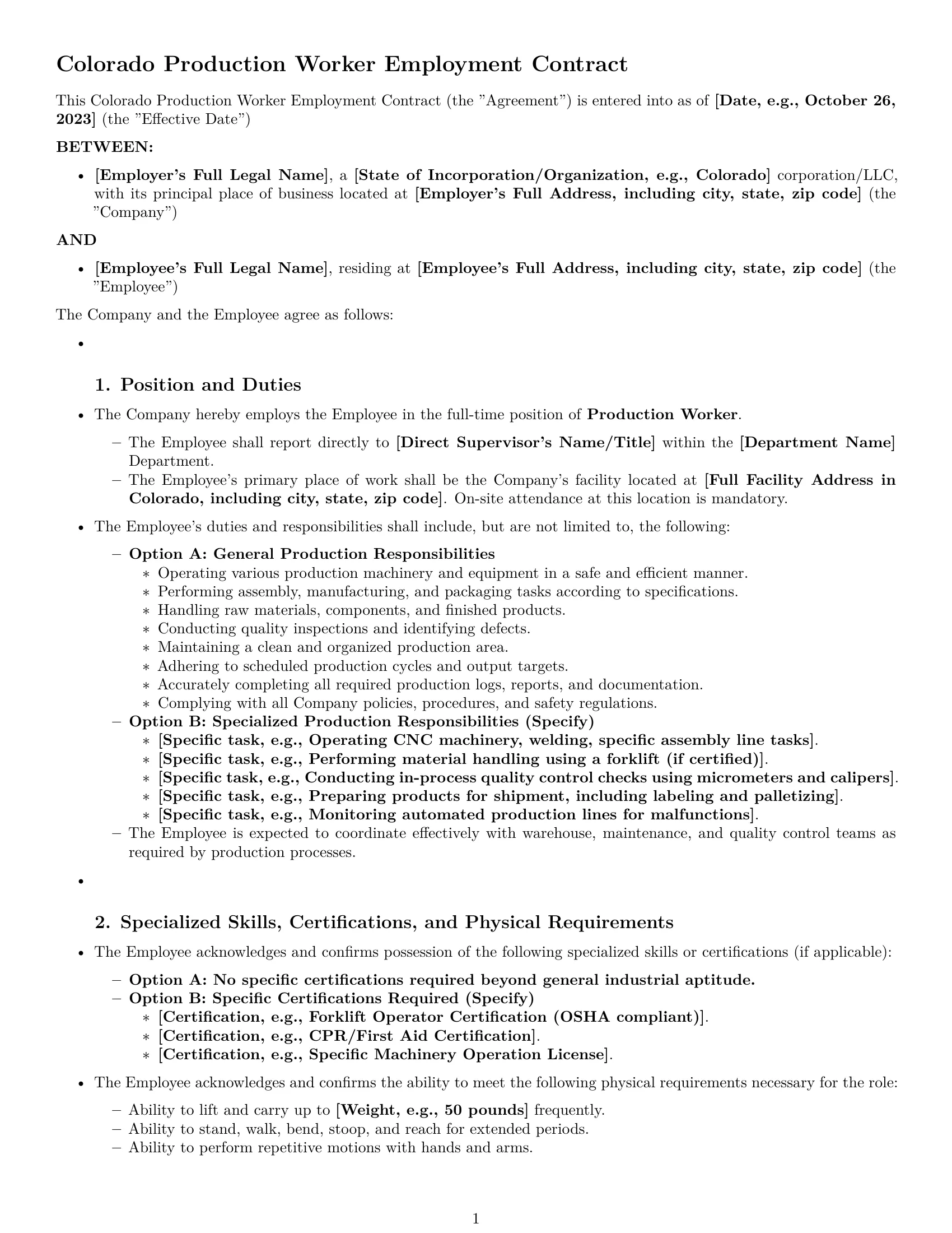 Preview page 1 of Pro Colorado production worker employment contract template