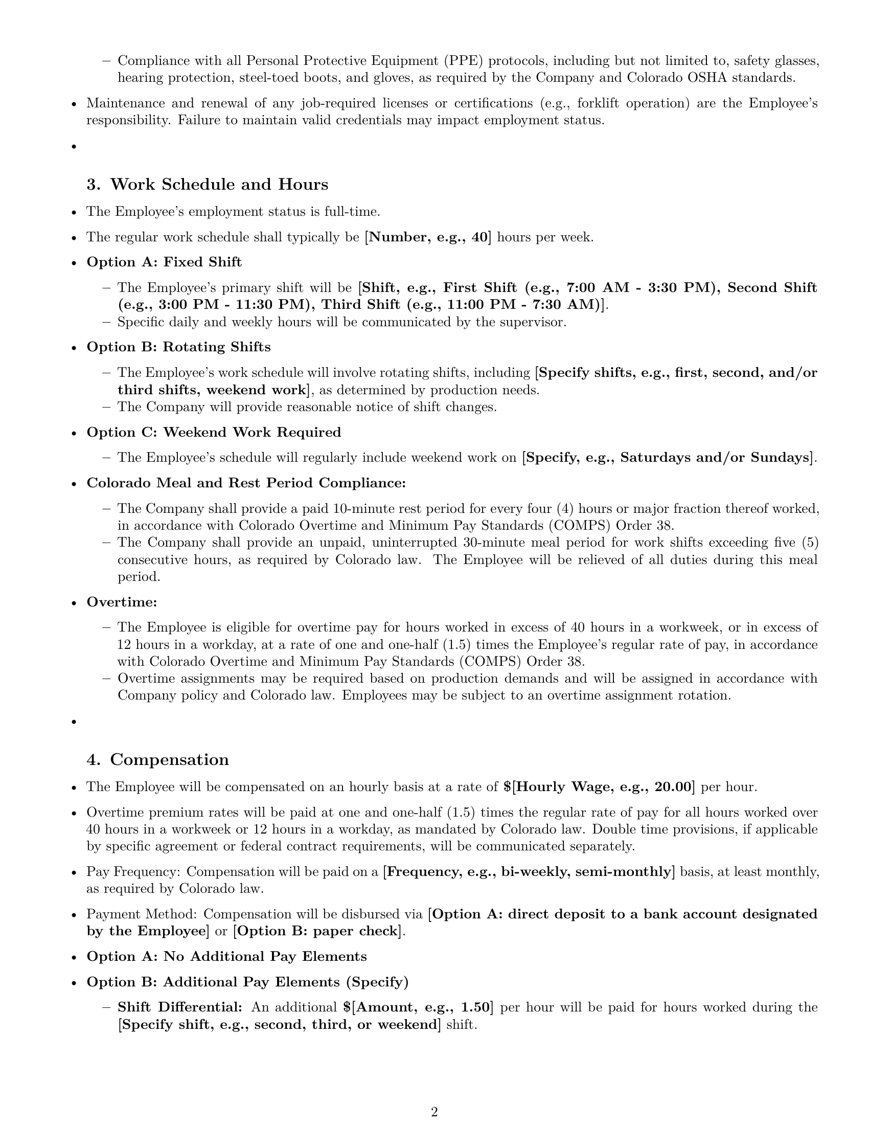 Preview page 2 of Pro Colorado production worker employment contract template