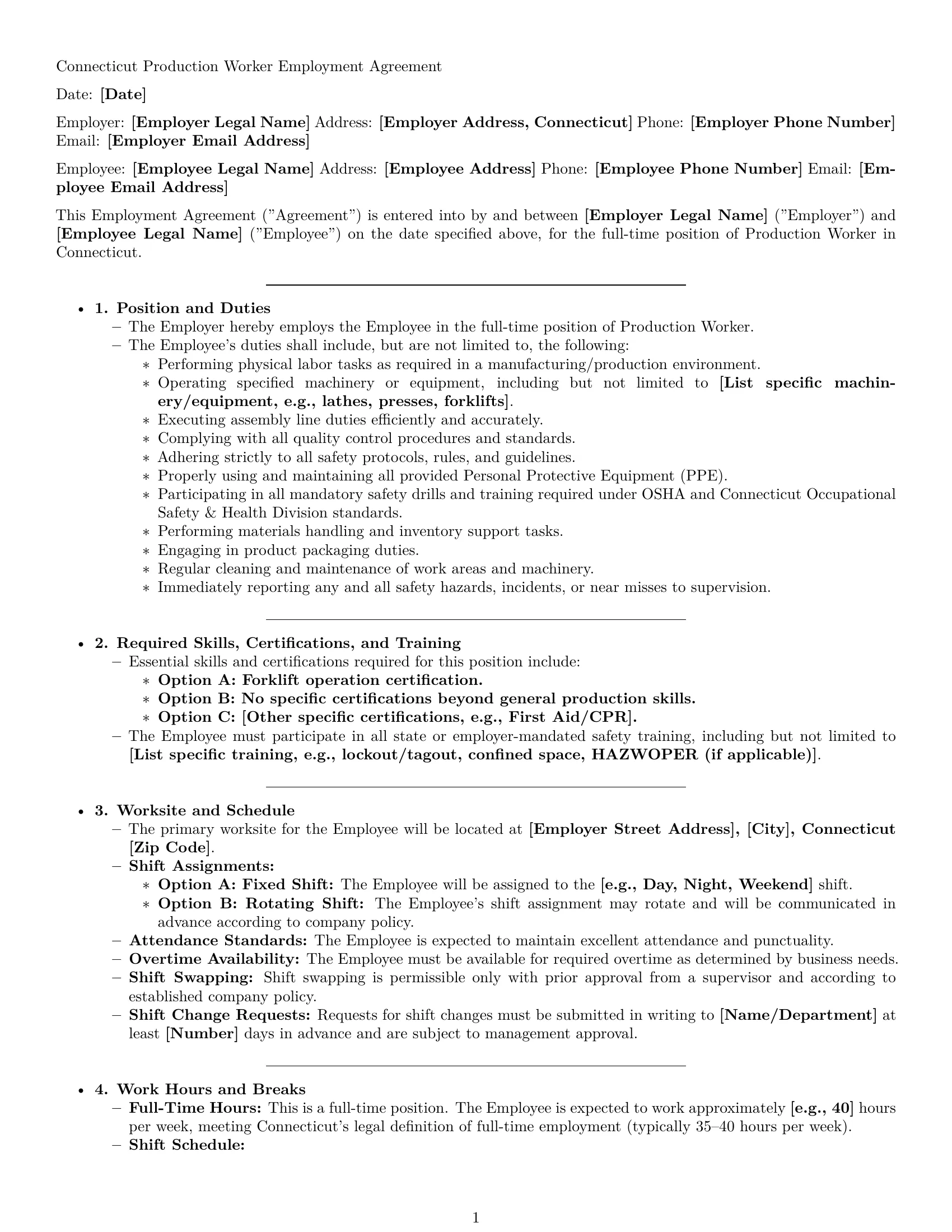 Preview page 1 of Pro Connecticut production worker employment contract template