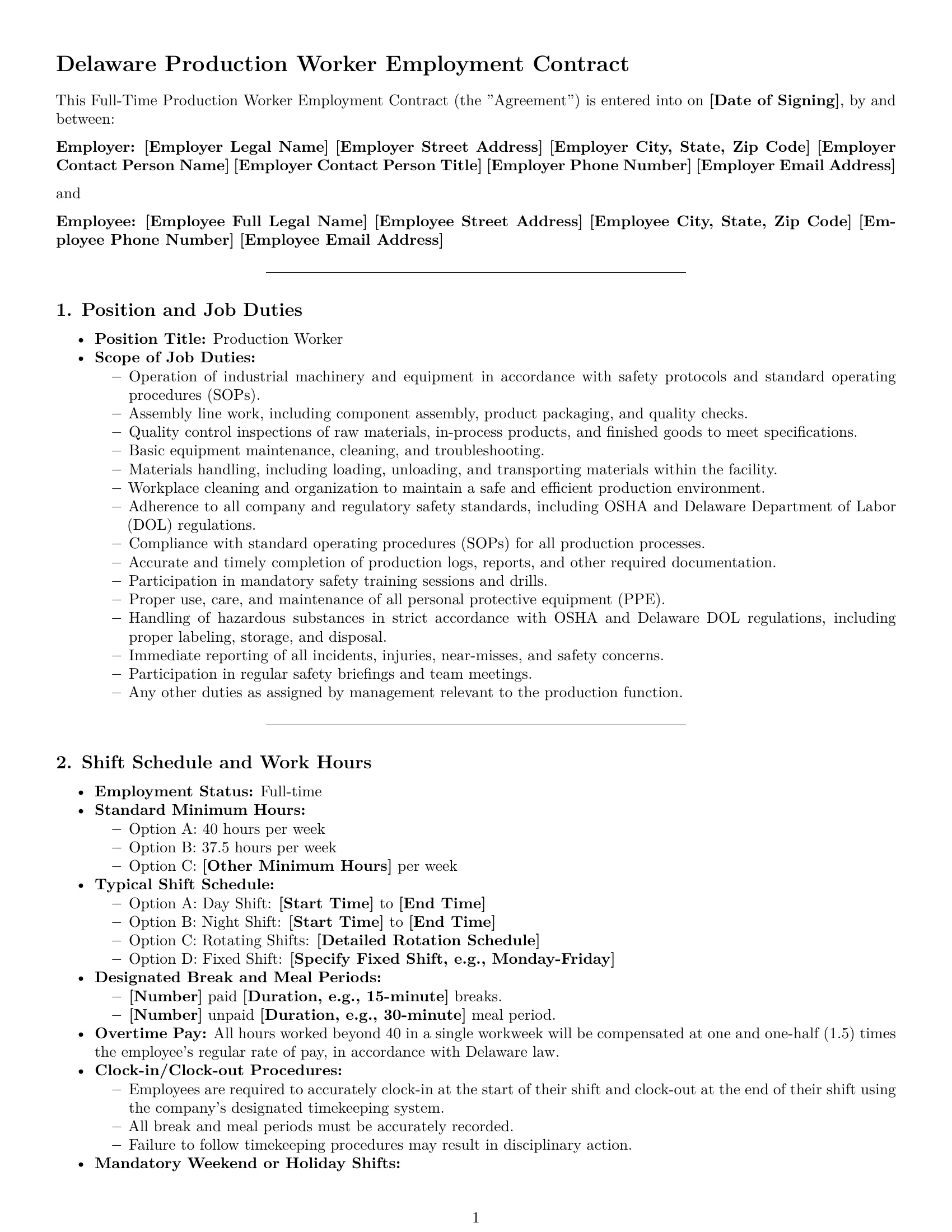 Preview page 1 of Pro Delaware production worker employment contract template