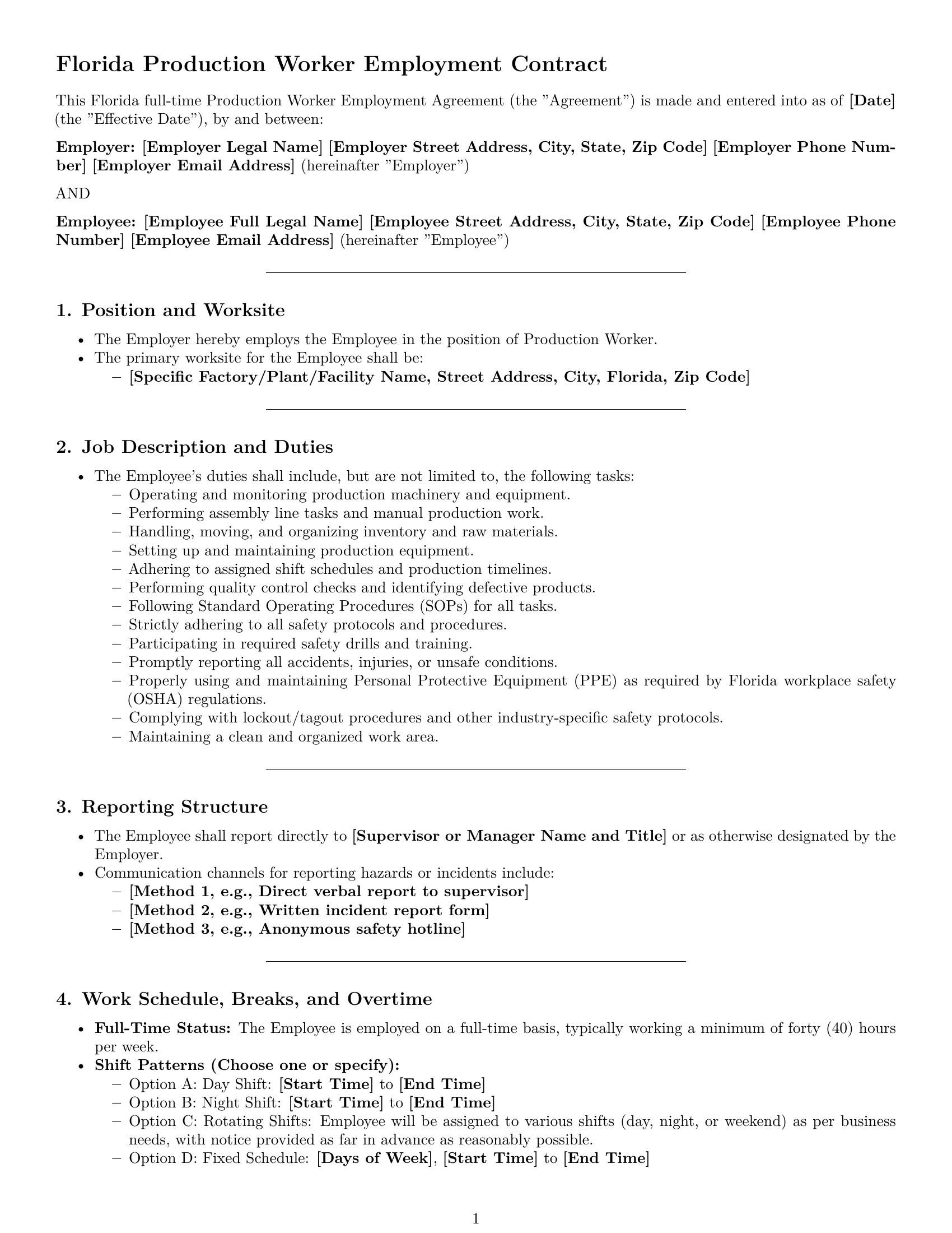 Preview page 1 of Pro Florida production worker employment contract template