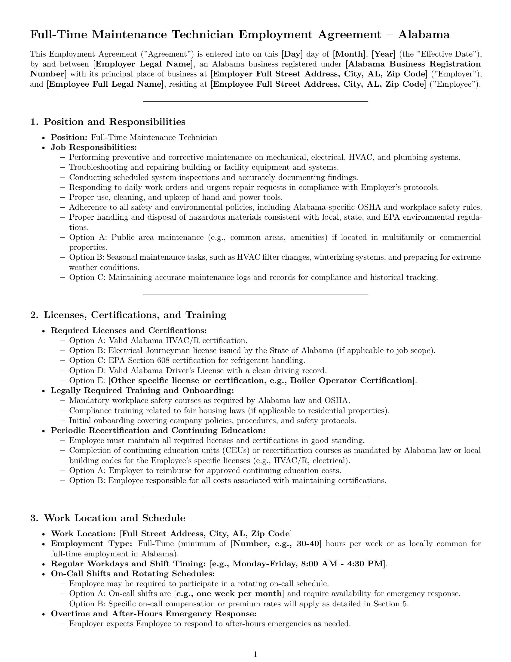 Preview page 1 of Pro Alabama maintenance technician employment contract template