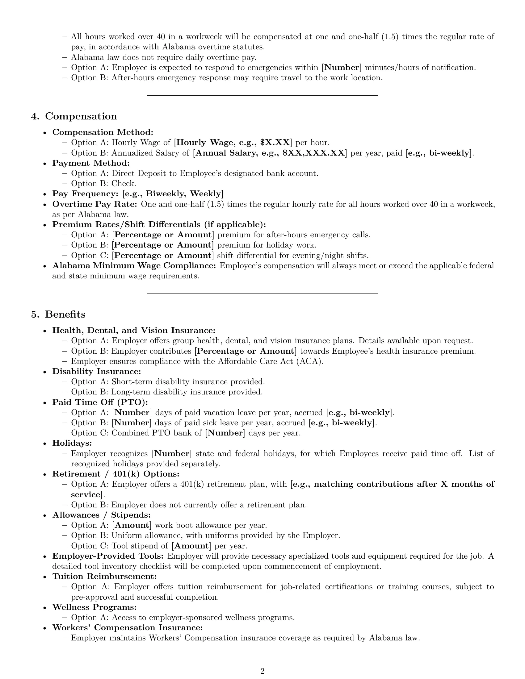 Preview page 2 of Pro Alabama maintenance technician employment contract template